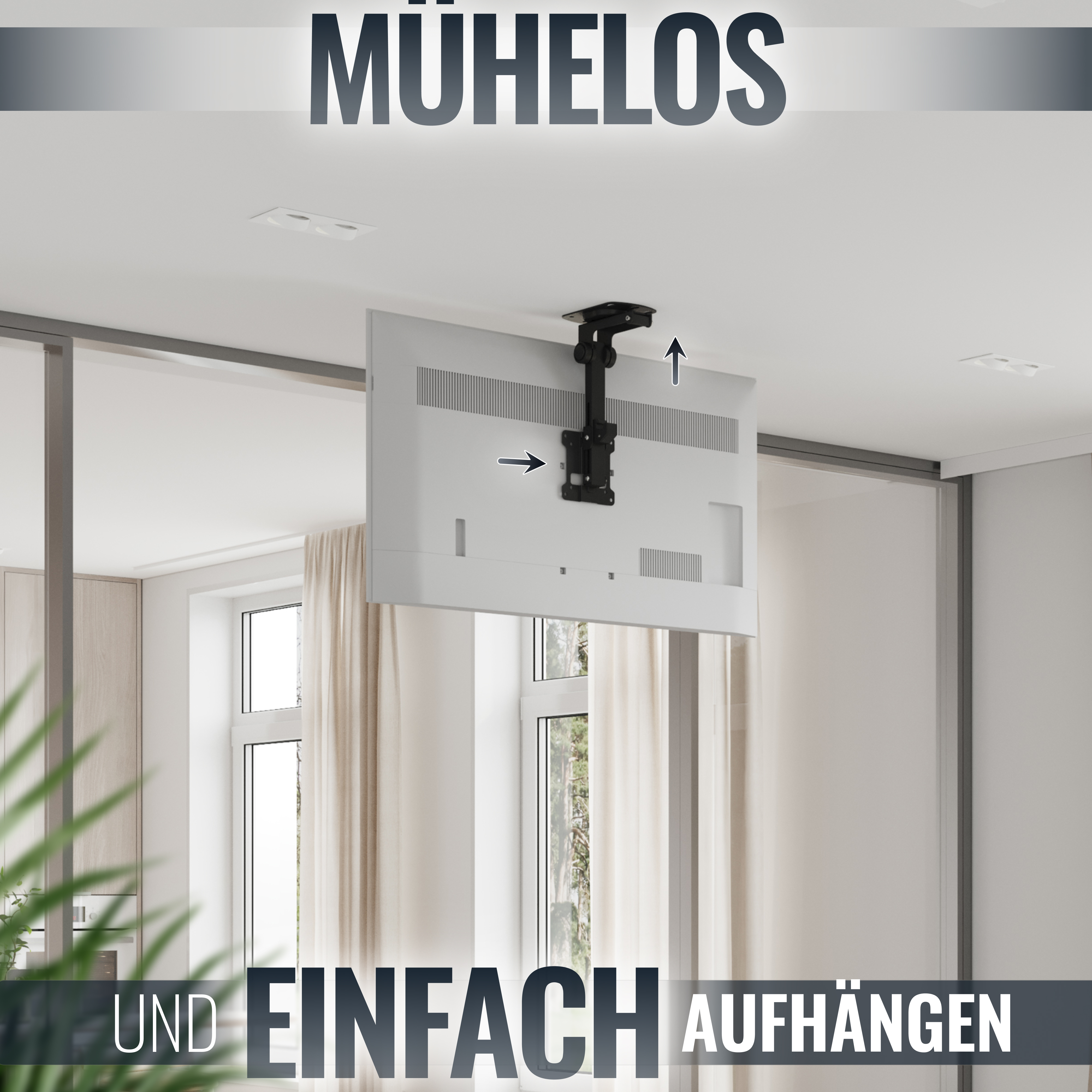 Ein weißer Fernseher hängt an einer schwarzen Deckenhalterung.