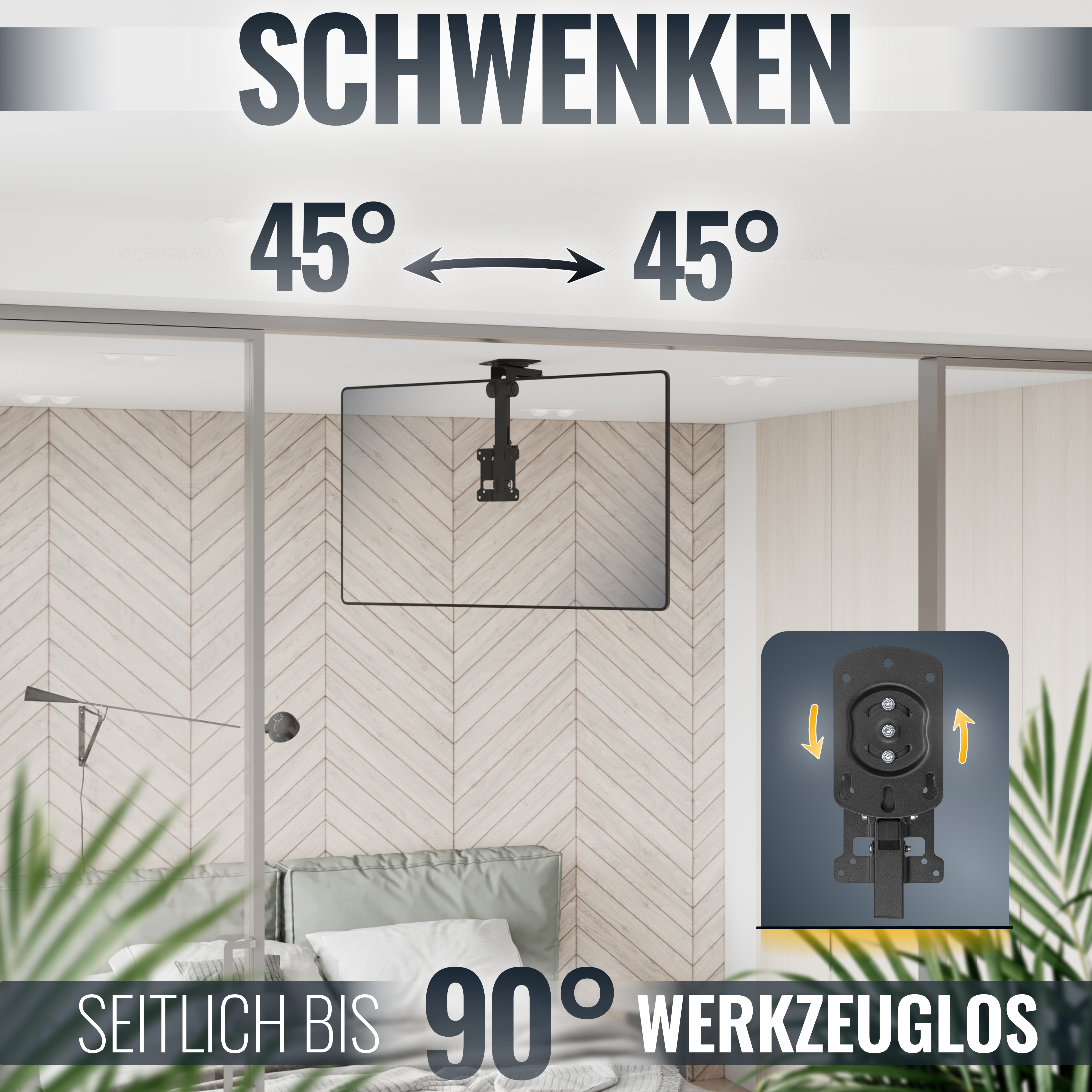 Deckenhalterung schwenkt 45°/90° werkzeuglos. Bett mit Holzwand.