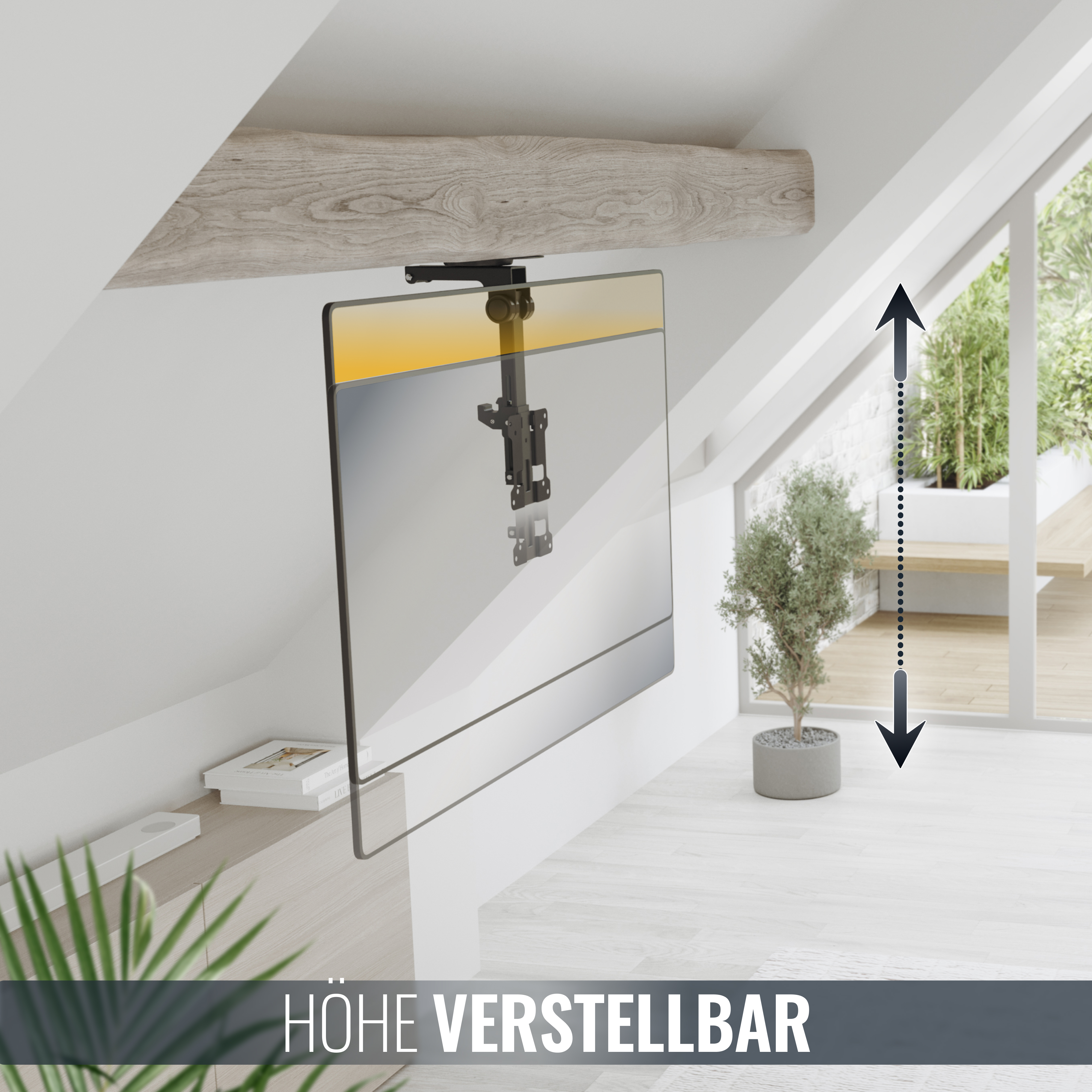 Ein Fernsehhalter wird von einer Decke abgehängt. Die Höhe ist verstellbar.