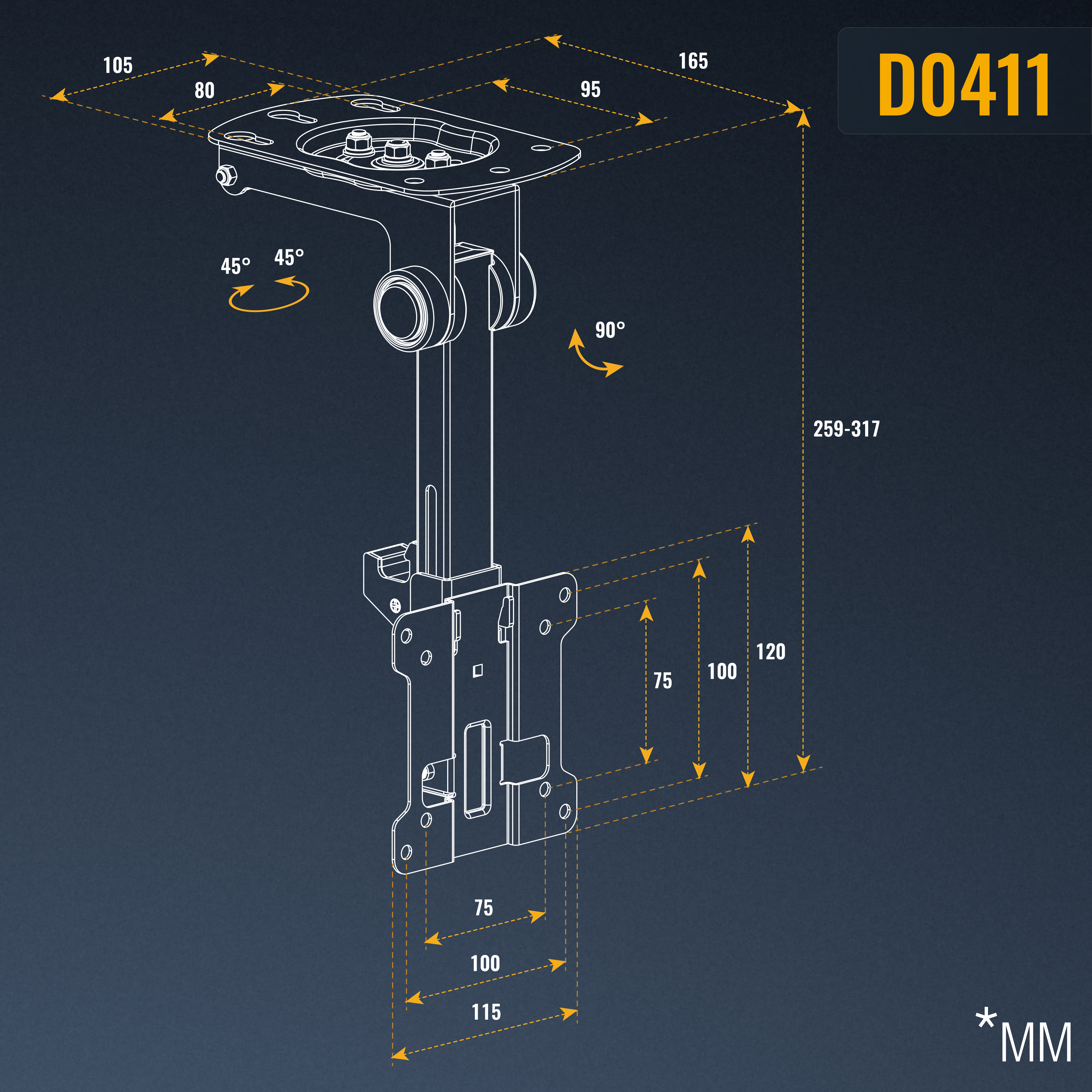 Technische Zeichnung einer Deckenhalterung mit Maßen. Modell D0411.