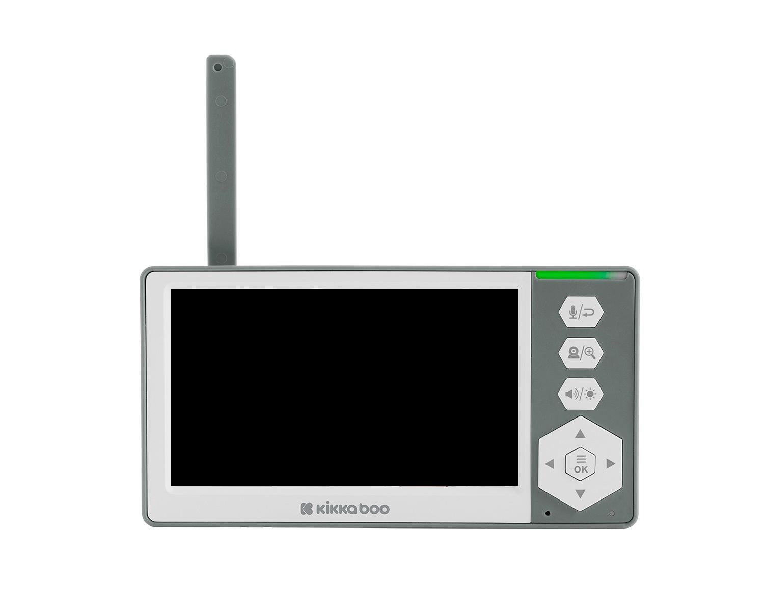 Un vigilabebés gris con pantalla y antena. Botones a la derecha.