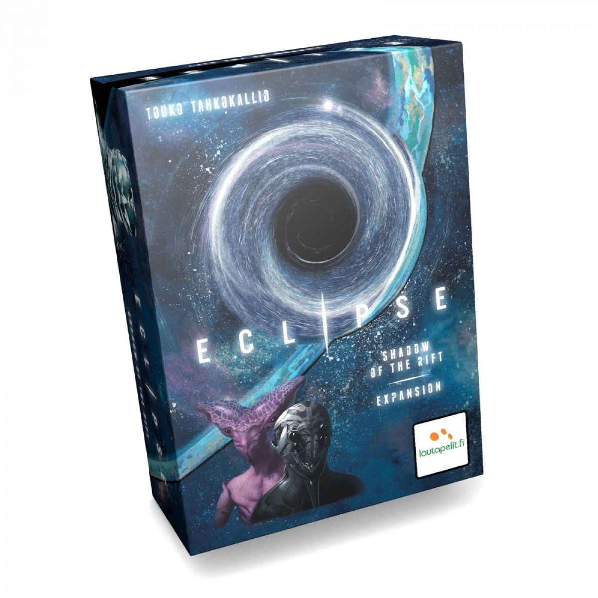 Brettspielbox mit schwarzem Loch, Weltraum und Außerirdischen. Titel: Eclipse.