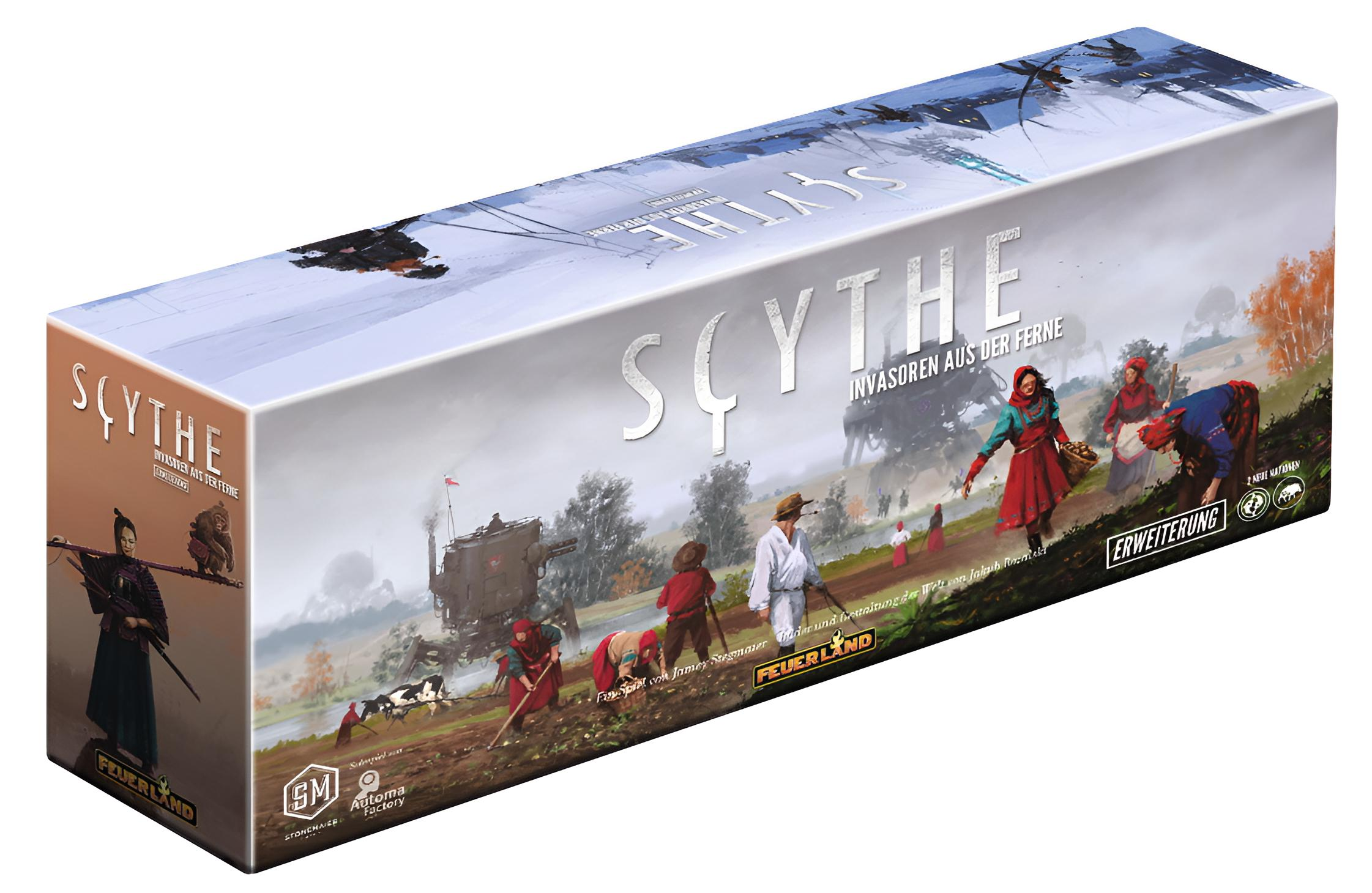 Scythe Spielbox mit Feldarbeitern, Maschinen und Luftfahrzeugen in ländlicher Umgebung.