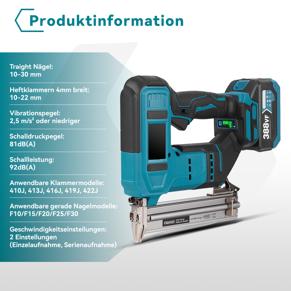 Ein blauer und schwarzer Akku-Nagler mit Produktinformationen und technischen Daten.