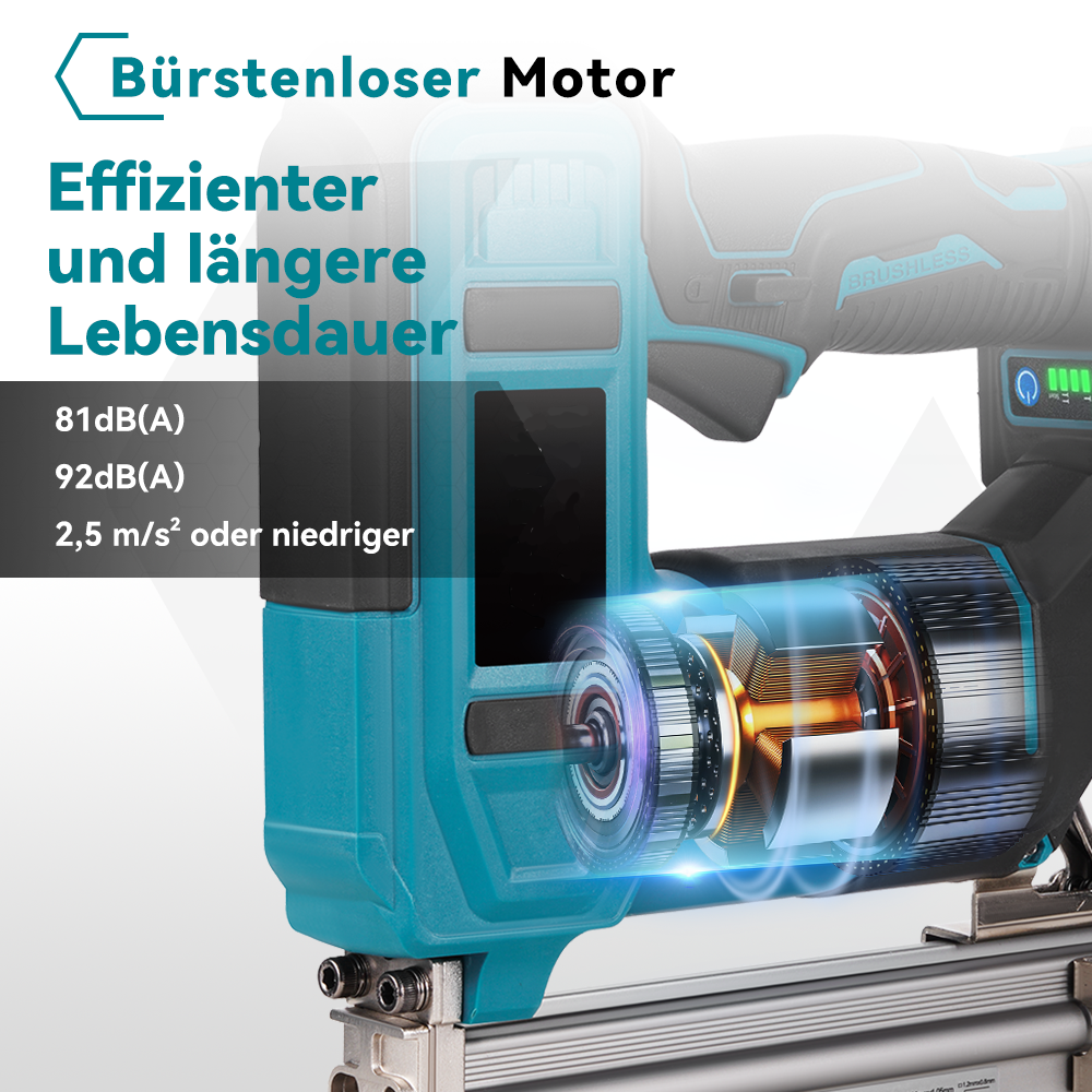 Detailaufnahme eines bürstenlosen Motors mit technischen Daten wie Lautstärke und Vibration.