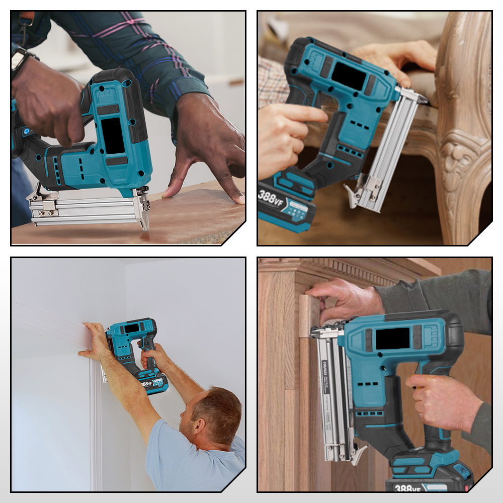 Ein Mann benutzt einen blau-schwarzen Nagler an Holz. Vier Szenen.