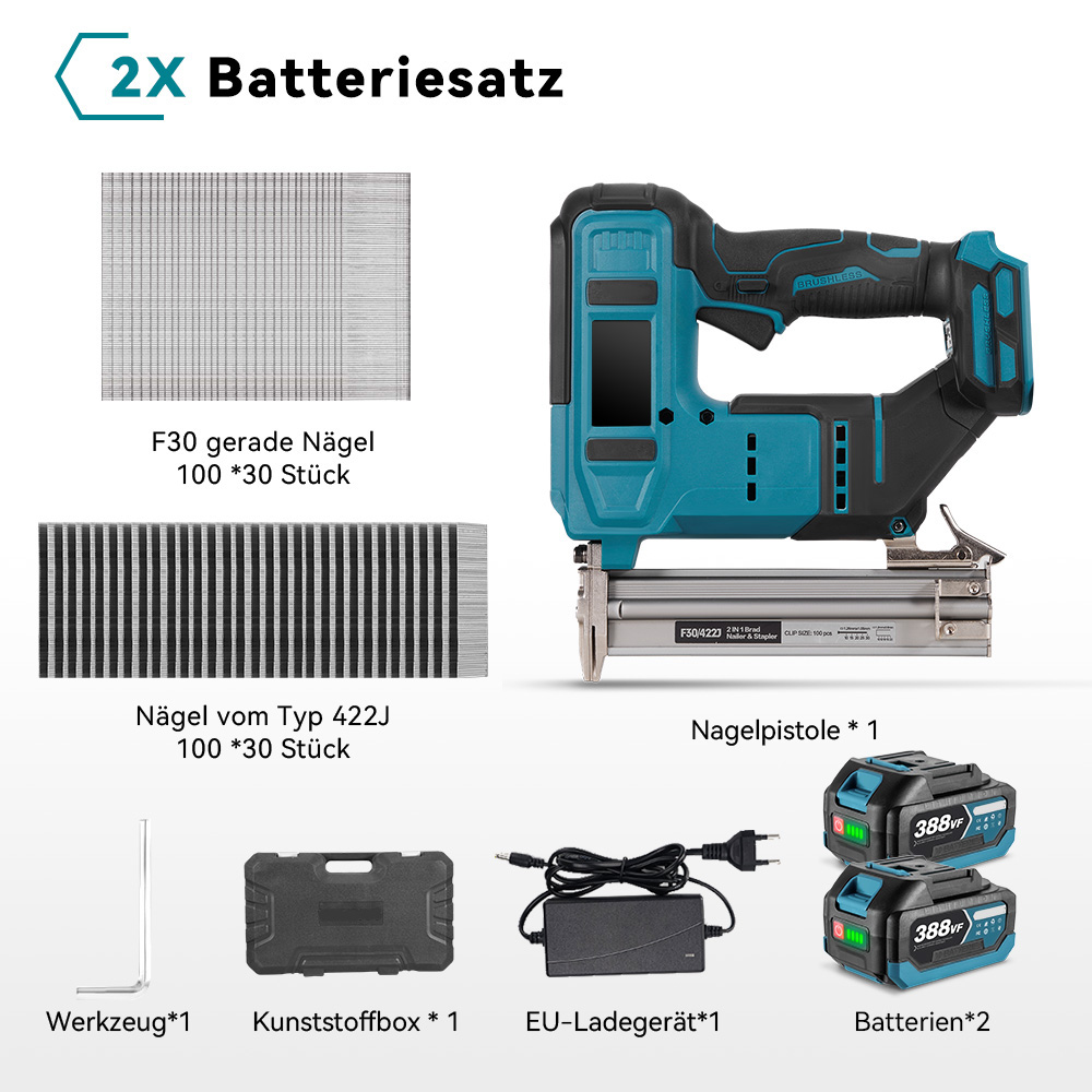 Nagelpistole mit Zubehör: Nägel, Werkzeug, Kasten, Ladegerät, 2 Batterien.