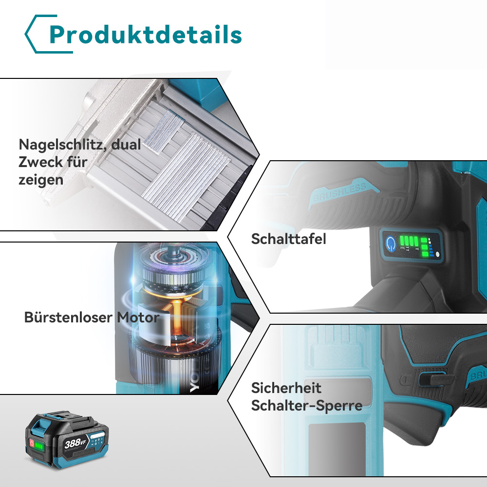Produktdetails: Nagel Schlitz, Bürstenloser Motor, Schalttafel, Sicherheitsschalter.
