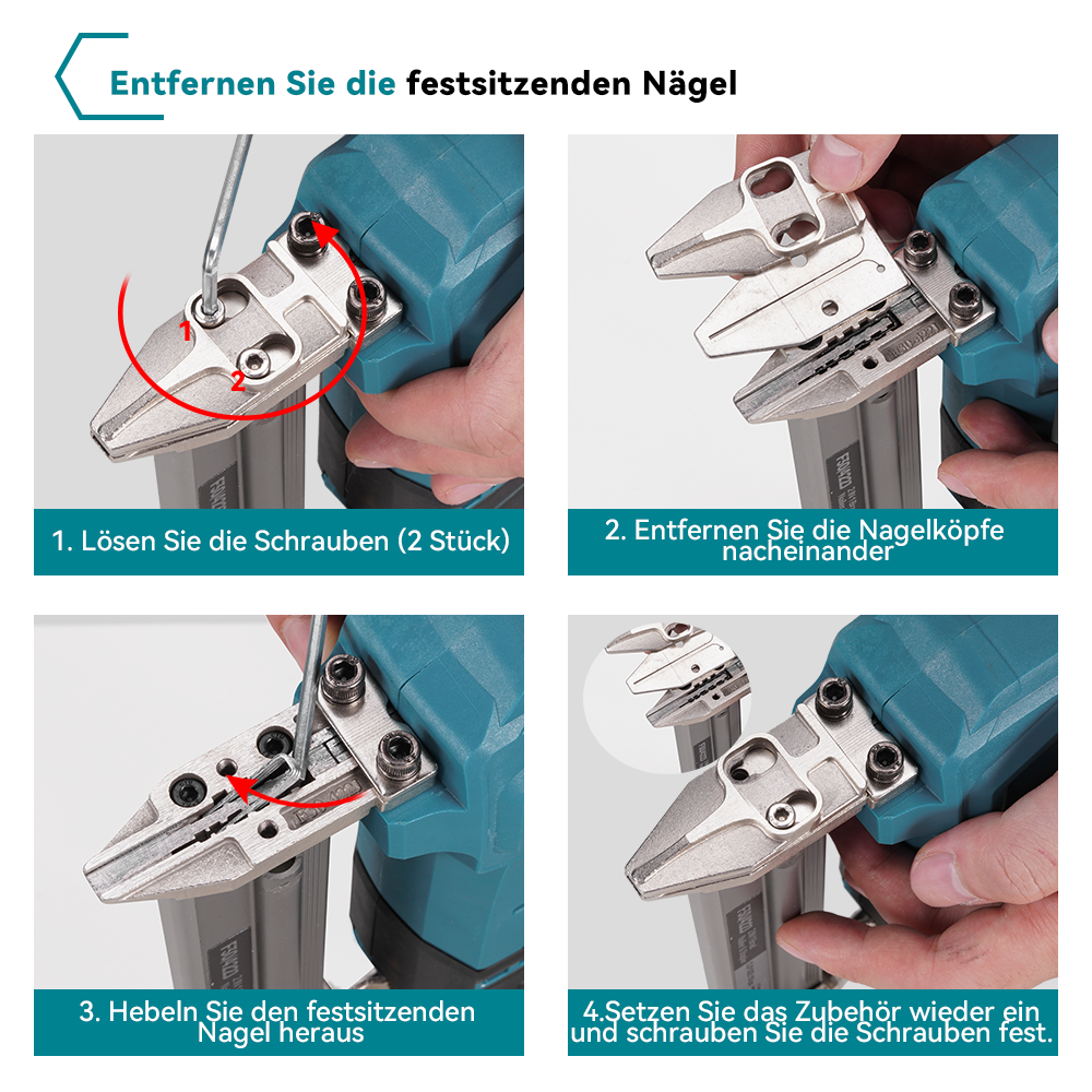 Anleitung: Schrauben lösen, Nagelköpfe entfernen, Nagel hebeln, Zubehör einsetzen.