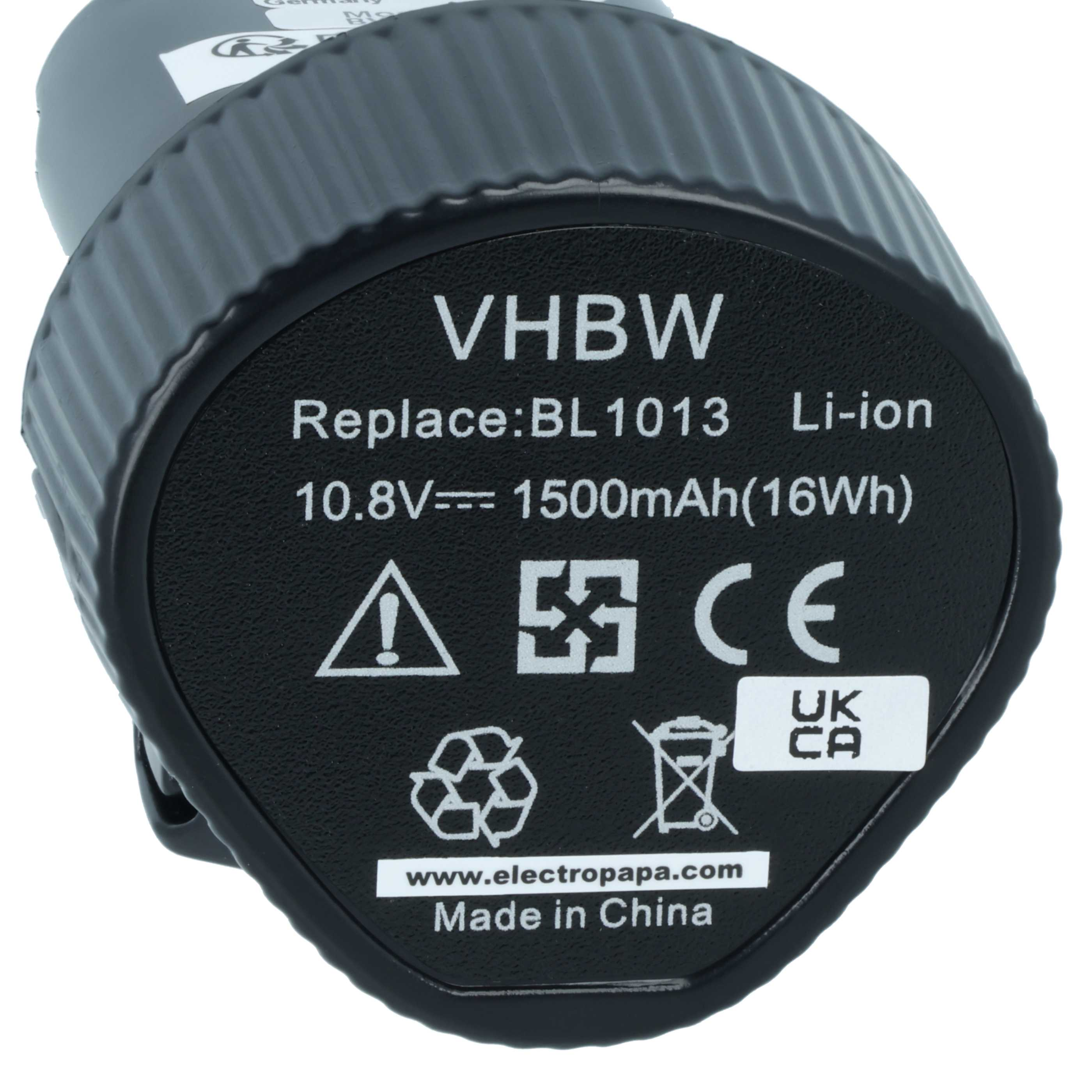 Schwarzer Akku mit Aufschrift VHBW, BL1013, Li-ion, 10.8V, 1500mAh, Made in China.