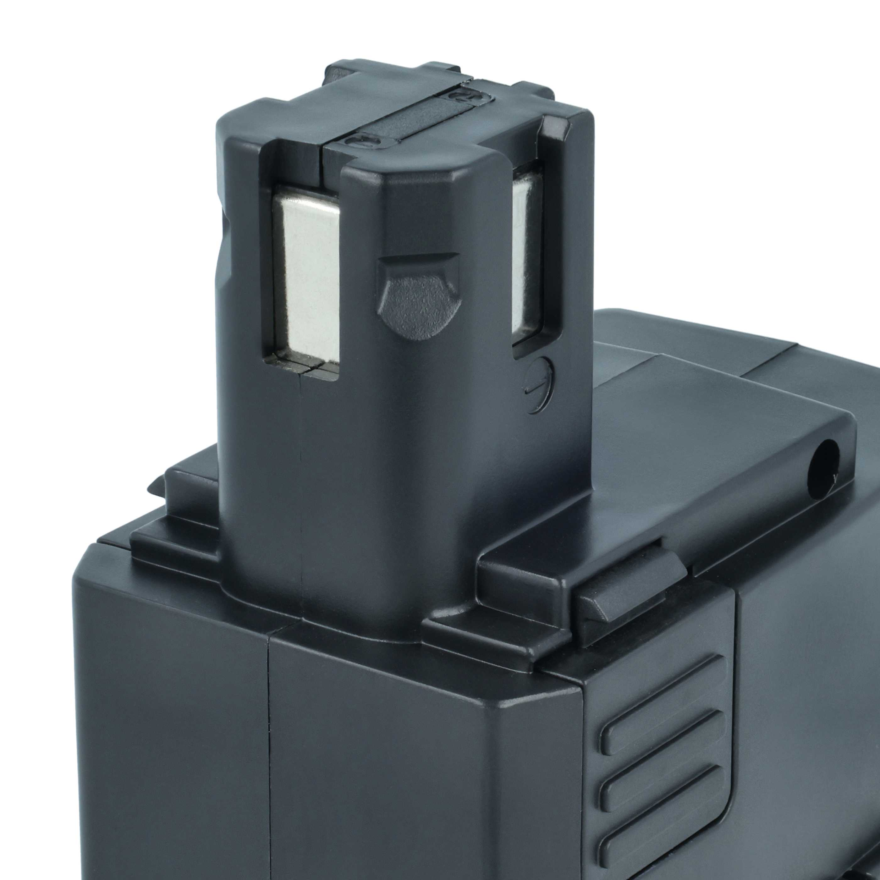 Nahaufnahme einer schwarzen Batterie mit Metallkontakten.
