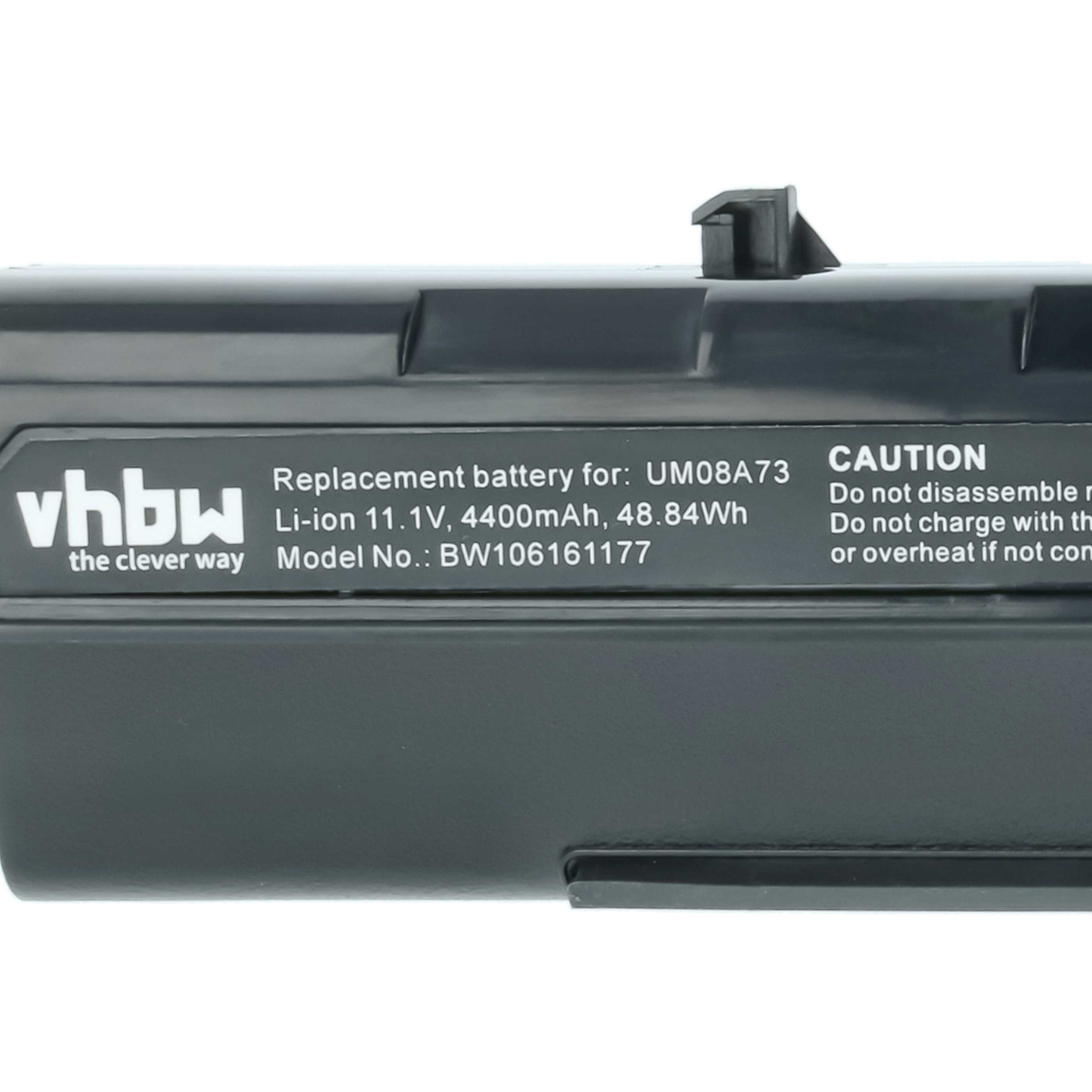 Schwarzer Akku mit Beschriftung: vhbw, UM08A73, 11.1V, 4400mAh.