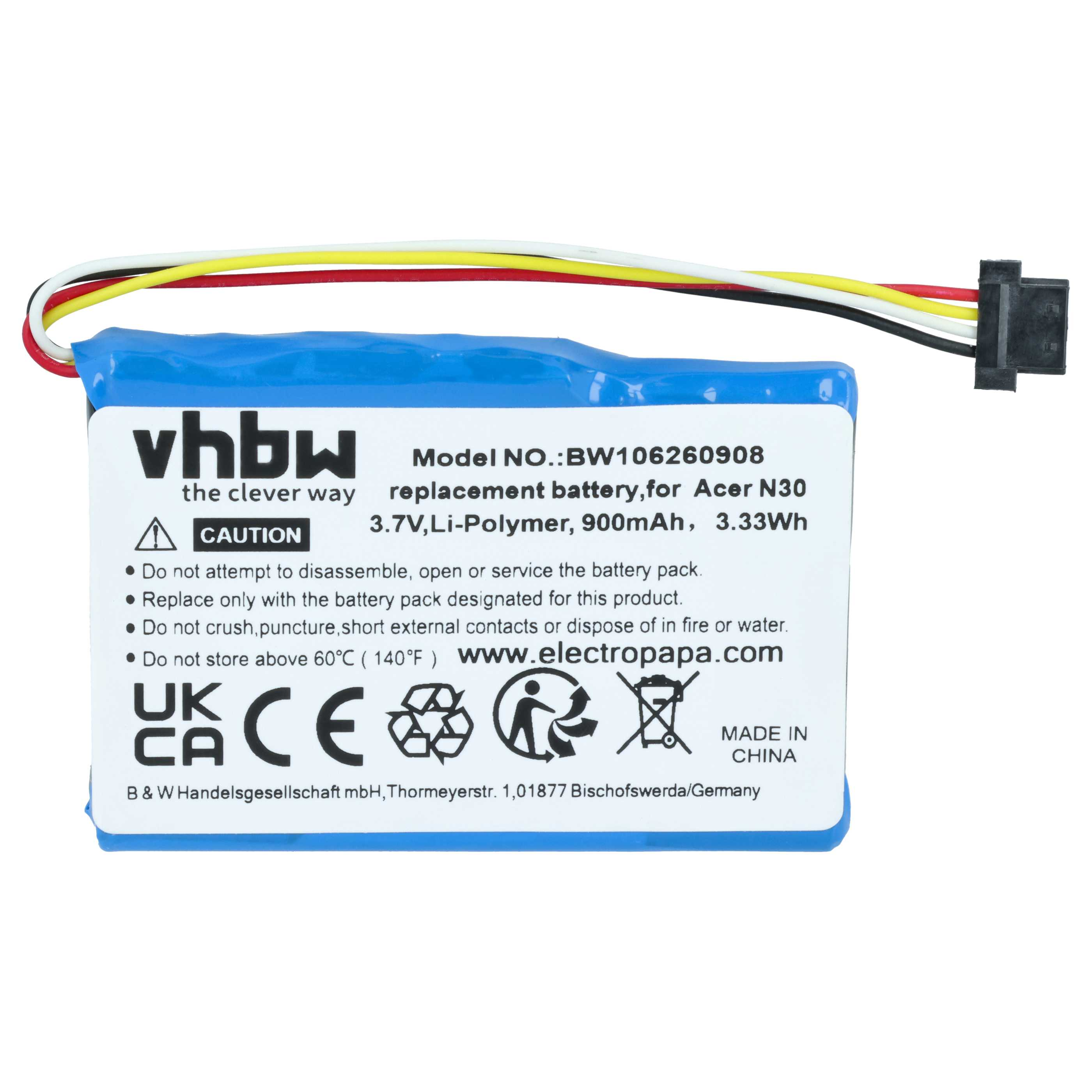 Blauer Li-Polymer-Akku 3,7V 900mAh mit Kabeln und Warnhinweisen.