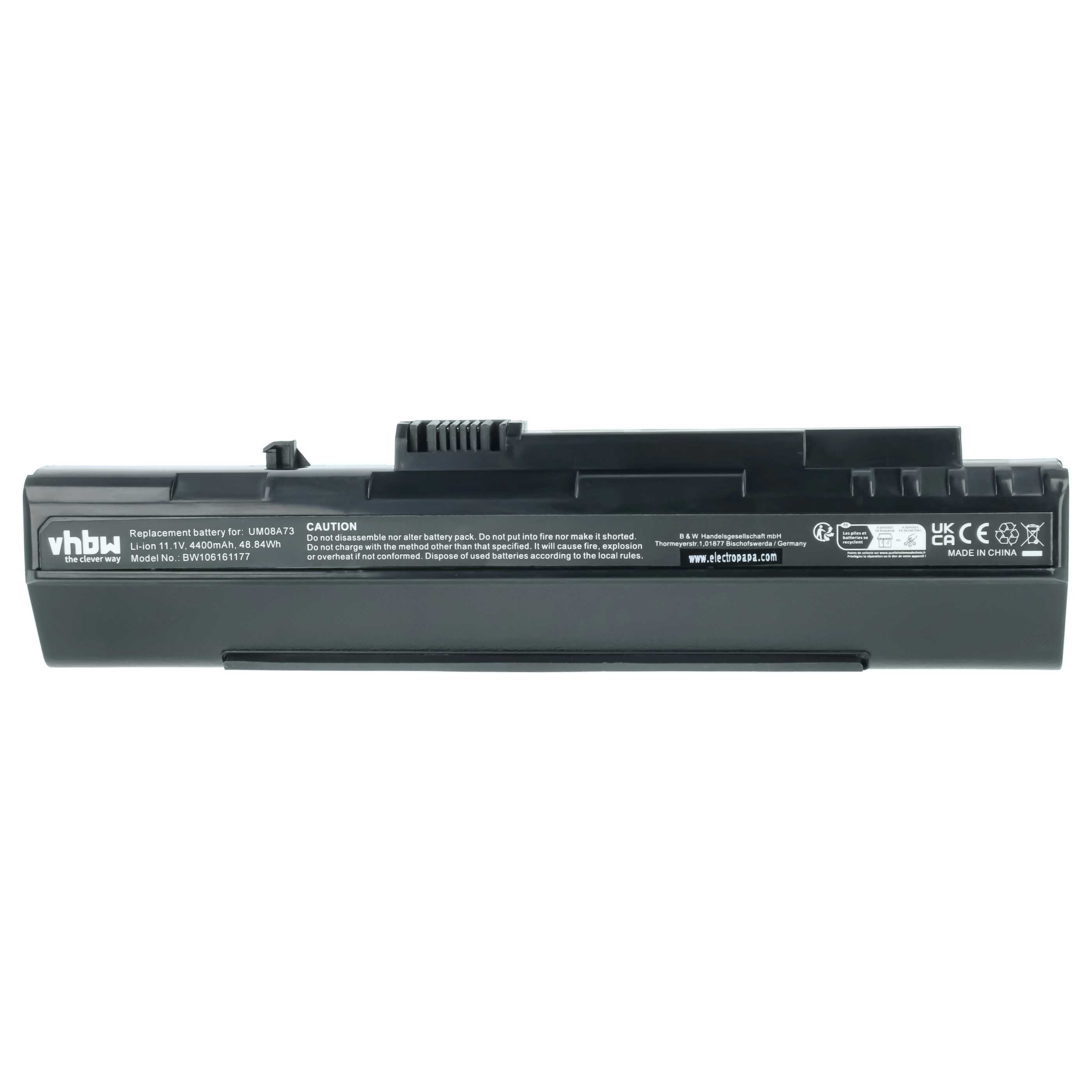 Schwarzer Laptop-Akku mit Beschriftungen und CE-Zeichen, Made in China.