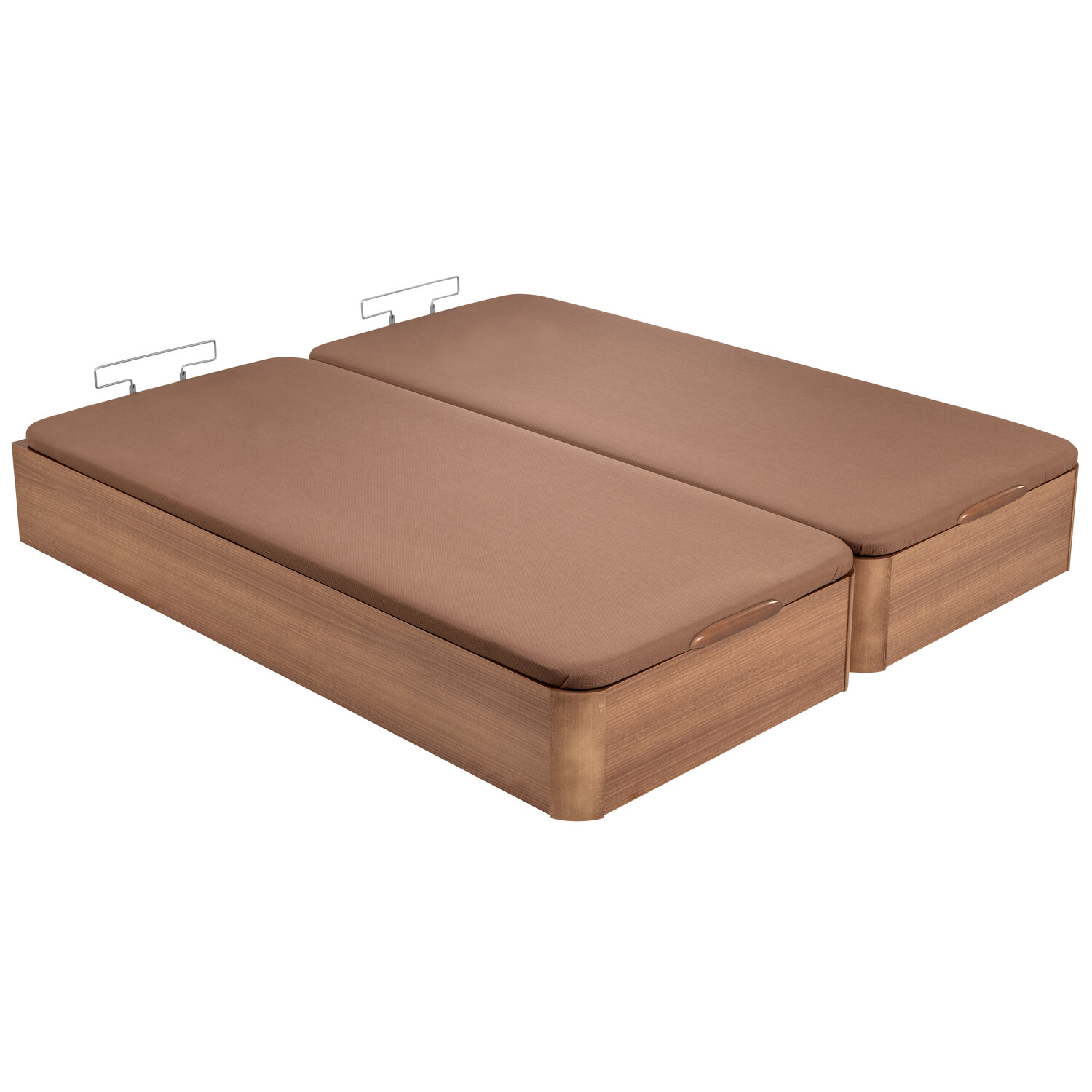 Dos bases de cama marrones una al lado de la otra con bases de madera.