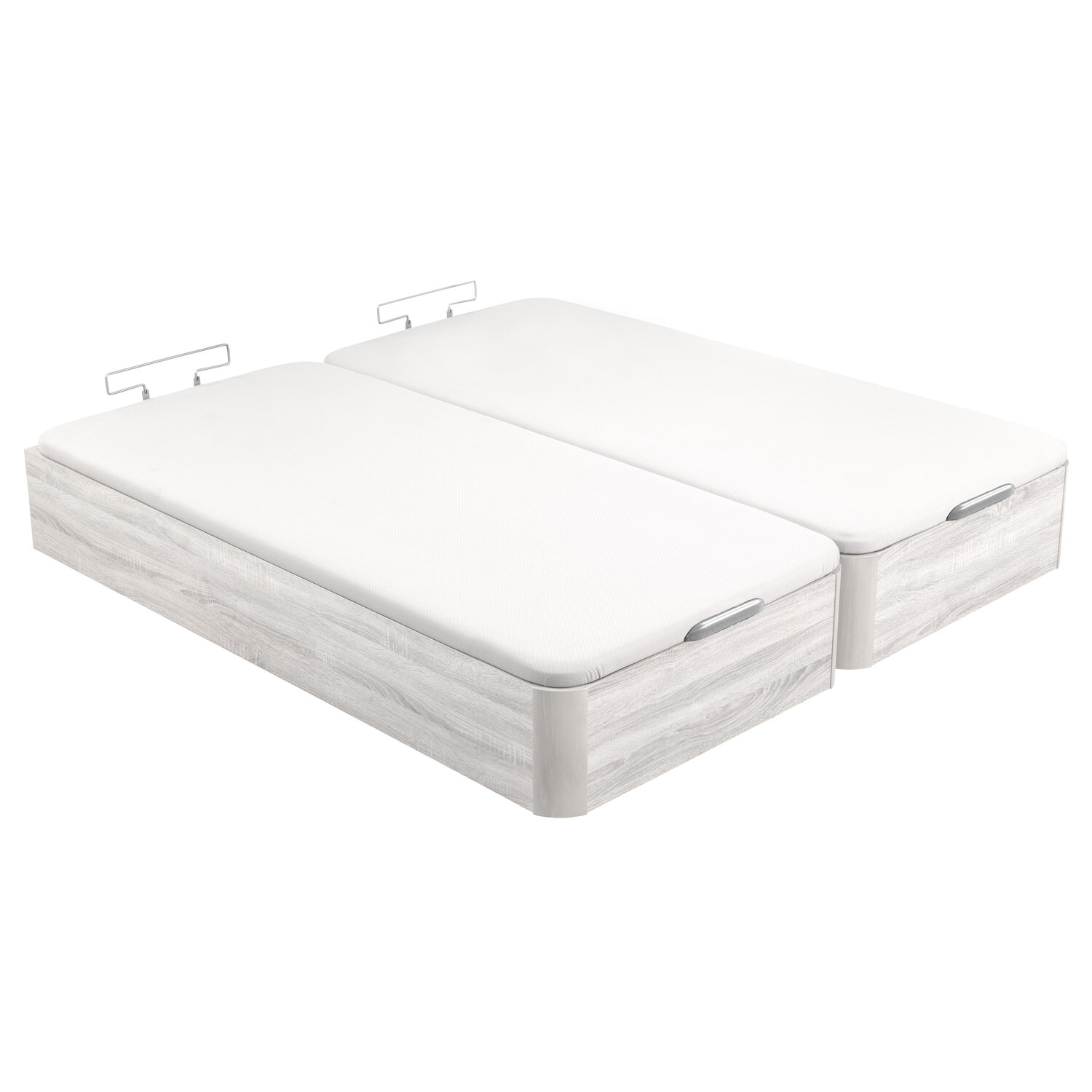 Dos colchones blancos sobre bases de cama de madera con asas.