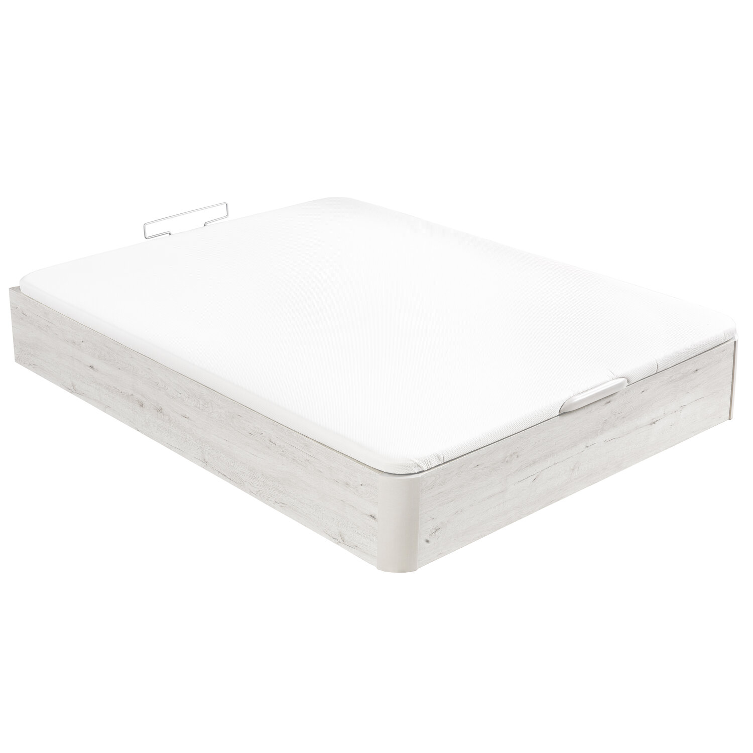 Un canapé blanco con veta de madera y un asa metálica.