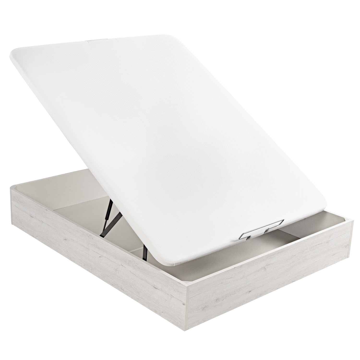 Una base de cama abatible blanca abierta con acabado de madera clara.