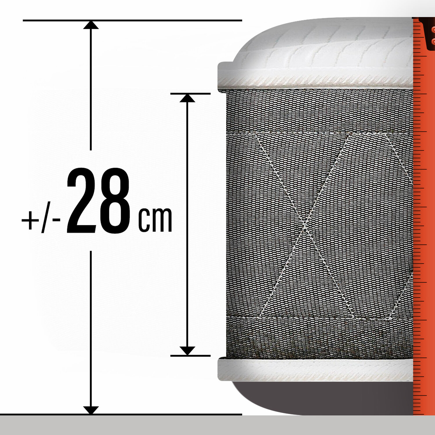 Primer plano de un filtro con dimensiones (+/- 28 cm) y una regla.
