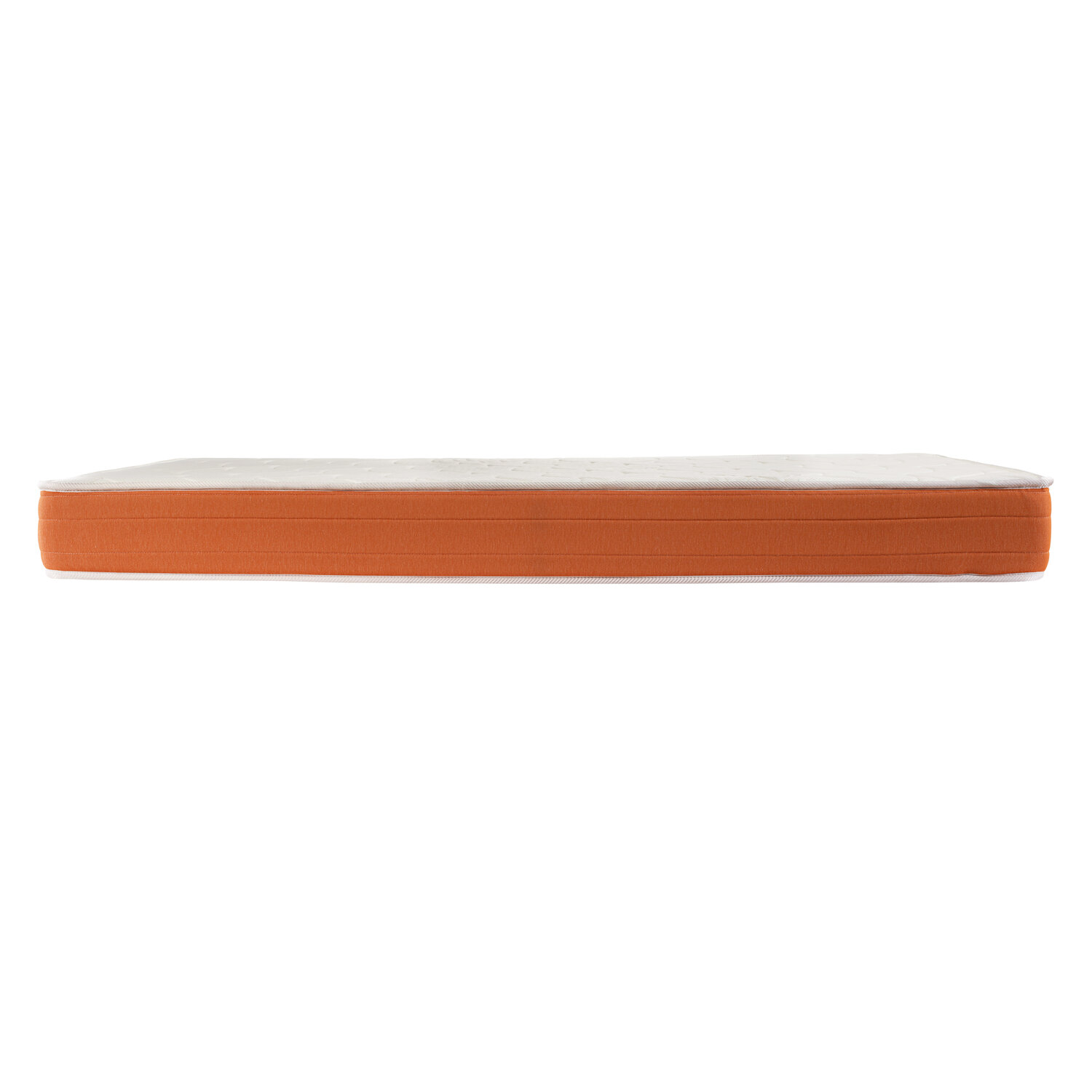 Un colchón con tapa blanca y borde naranja, aislado sobre fondo blanco.