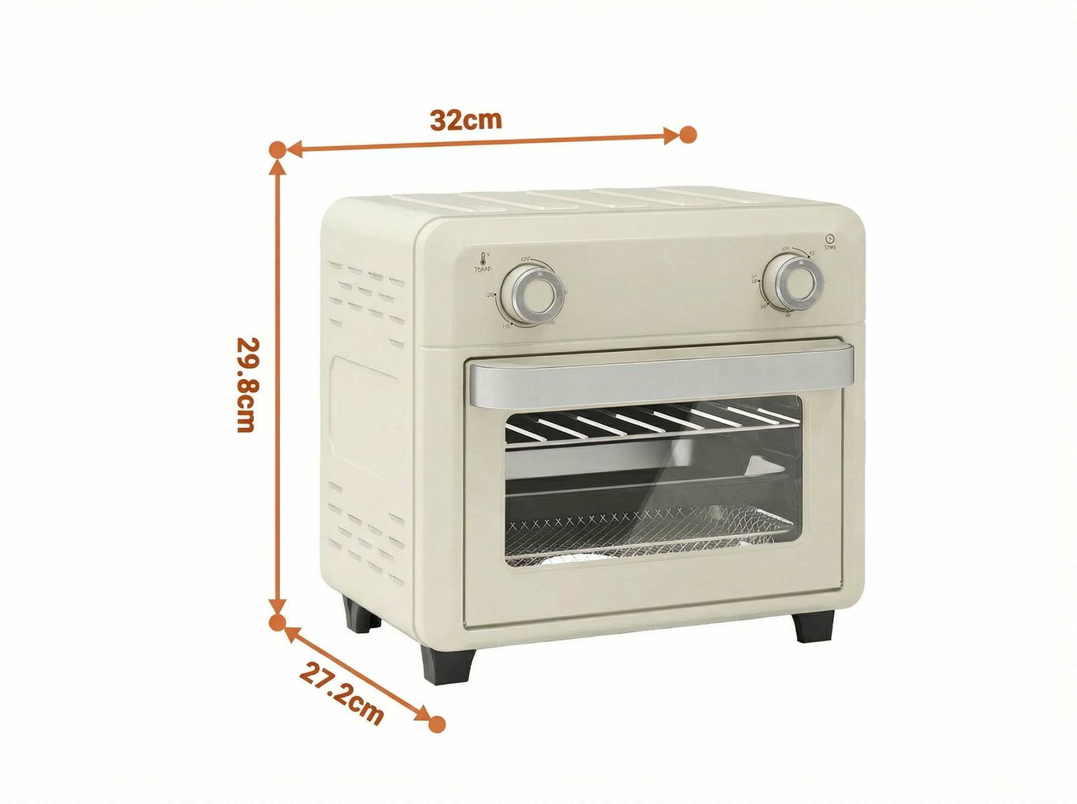 Beige Minibackofen mit Glasfront und Drehreglern, Maße angegeben.