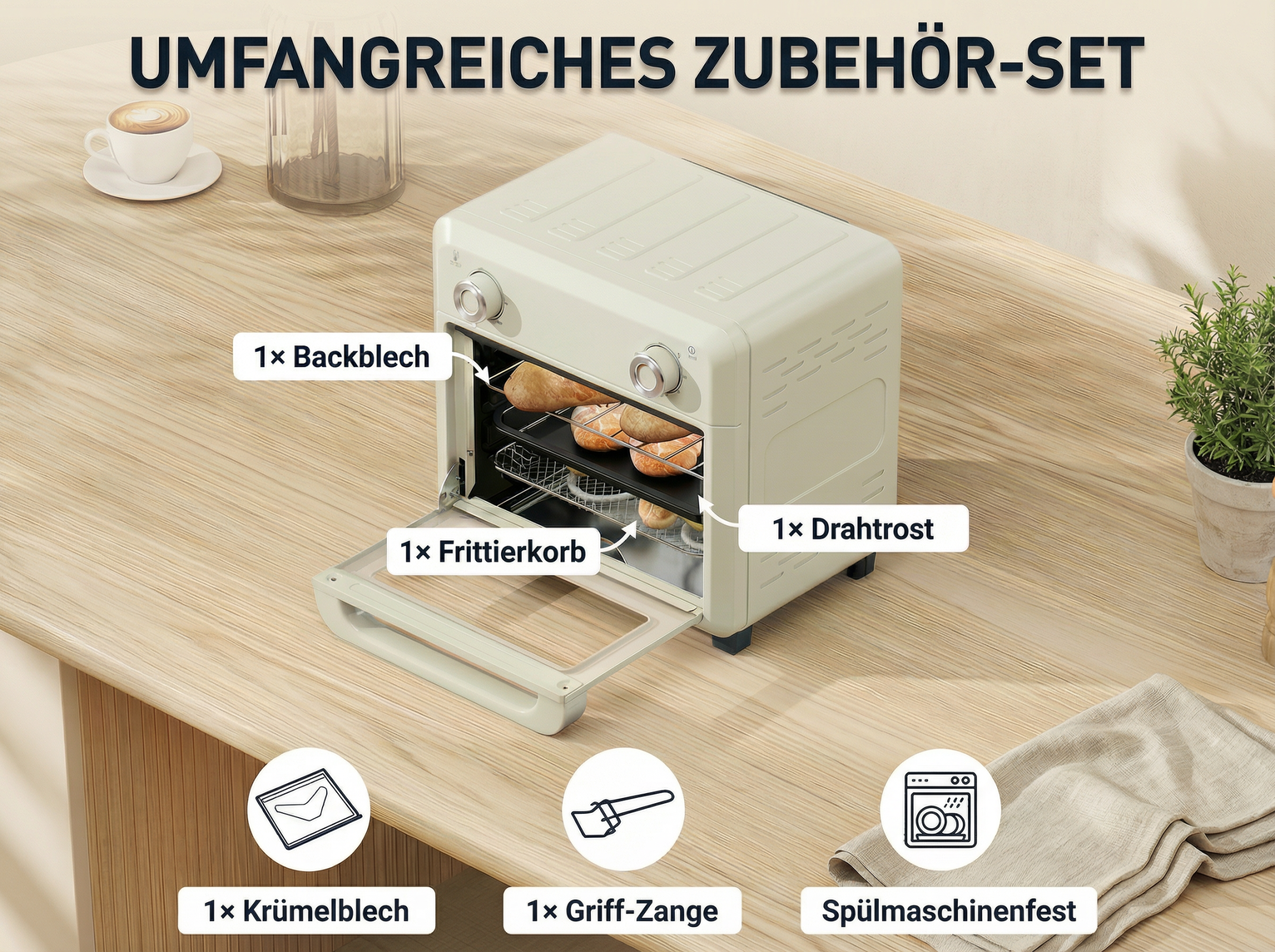 Ein beigefarbener Mini-Ofen mit Zubehör: Backblech, Frittierkorb, Drahtrost.