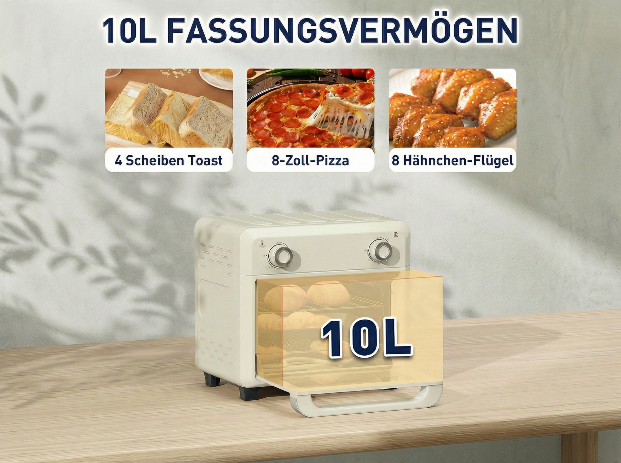 Ein heller Ofen mit 10L Fassungsvermögen, Toast, Pizza und Hähnchenflügeln.