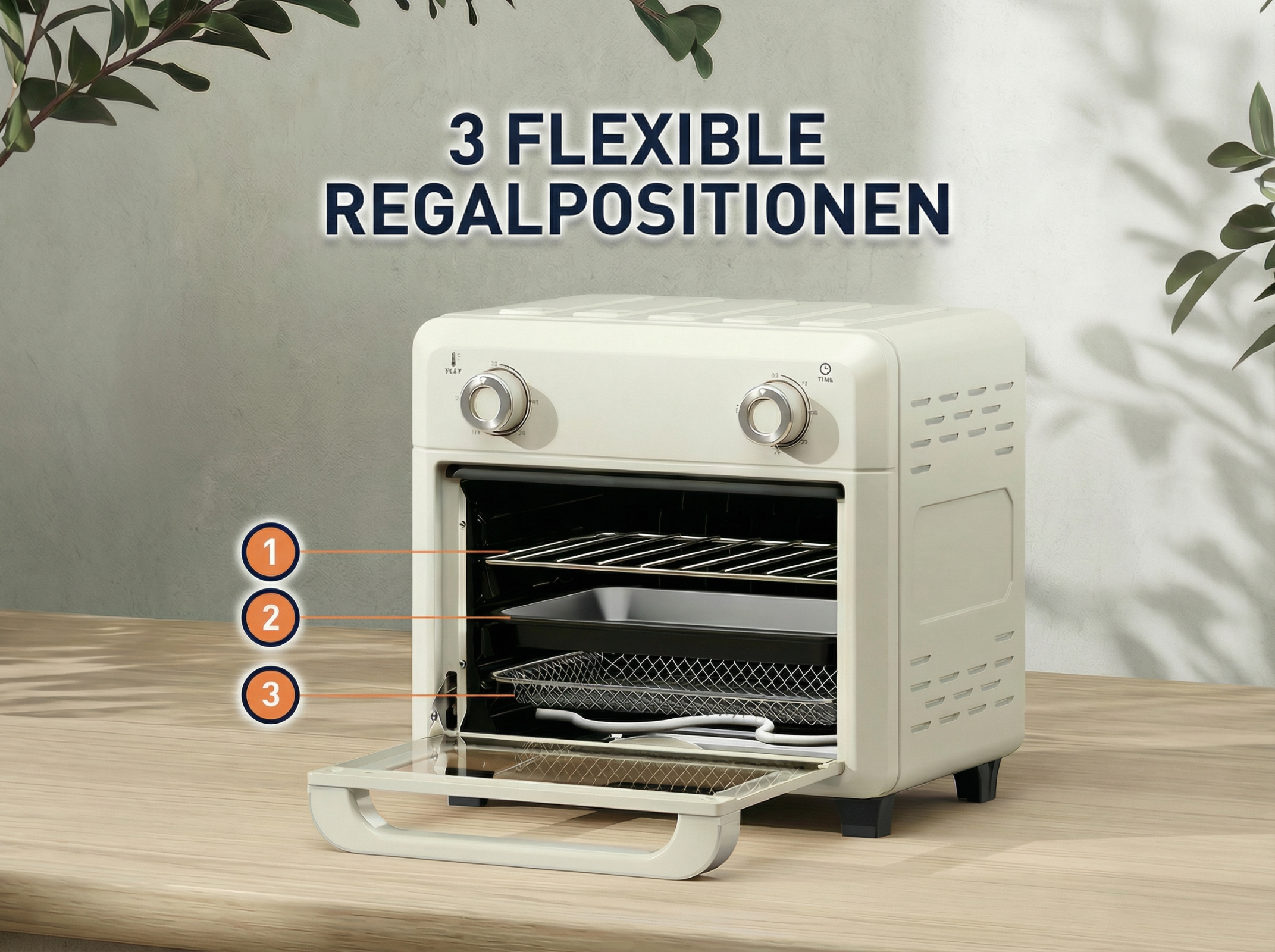 Ein cremefarbener Minibackofen mit offenem Fach, der 3 Regalpositionen zeigt.