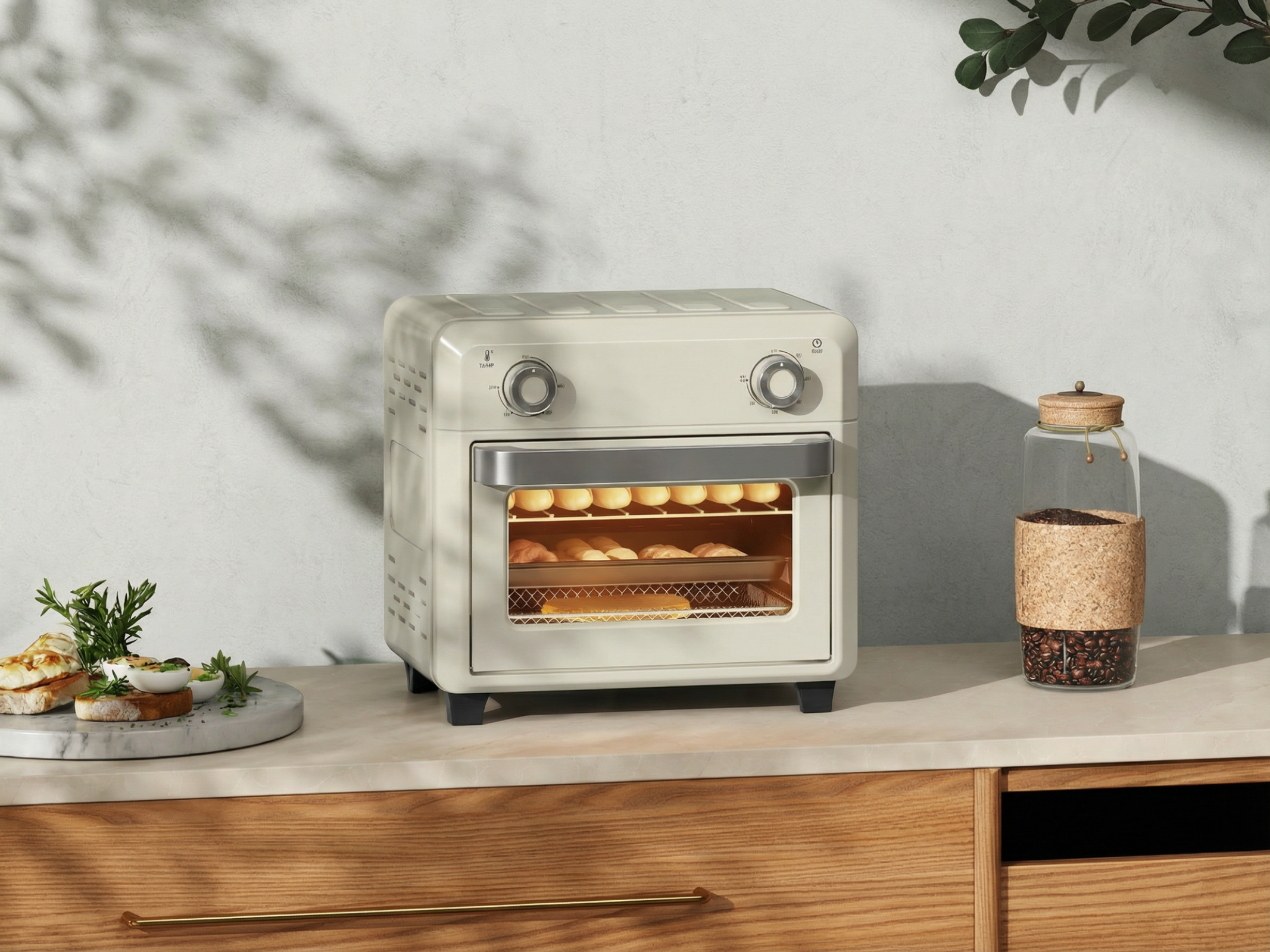 Ein cremefarbener Toaster-Ofen mit Toast und Gebäck im Inneren.