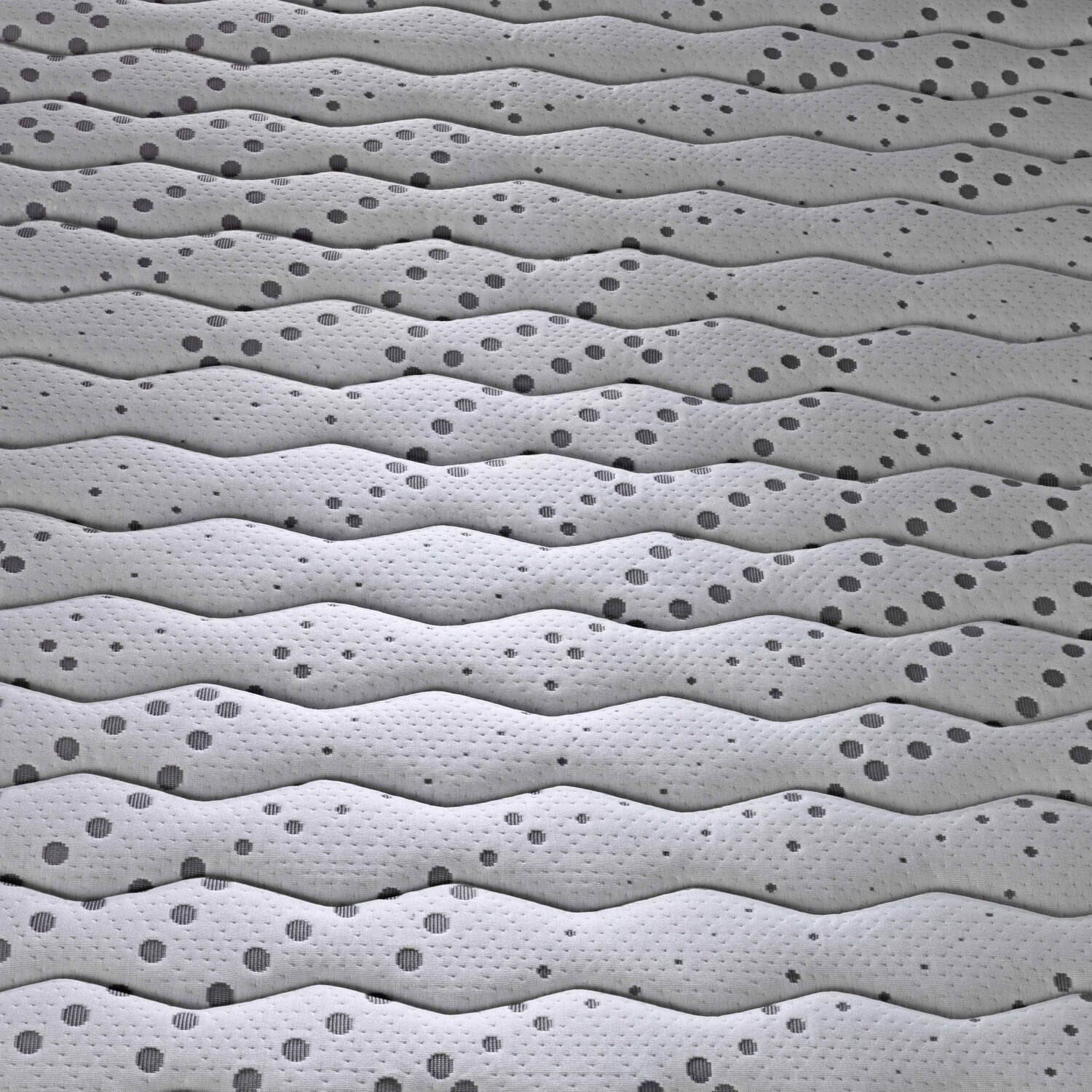 Primer plano abstracto de un colchón blanco con acolchado ondulado y lunares grises.