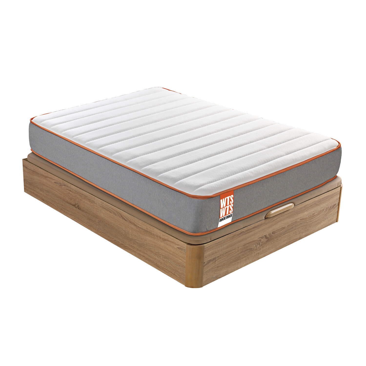 Colchón blanco con borde naranja y gris sobre base de madera.