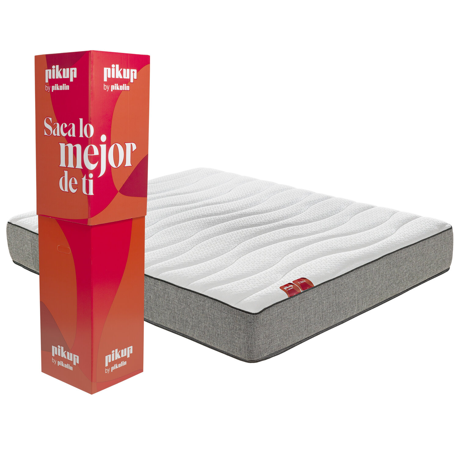 Un colchón junto a una caja roja con la etiqueta 'pikup by pikolin'.