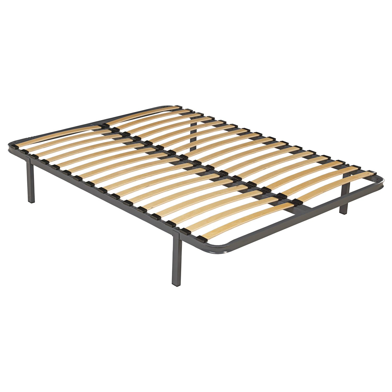 Una base de cama metálica con listones de madera sobre fondo blanco.