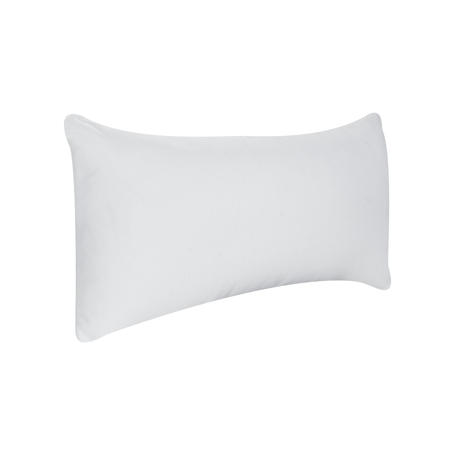 Una almohada rectangular blanca y texturizada yace sobre fondo blanco.