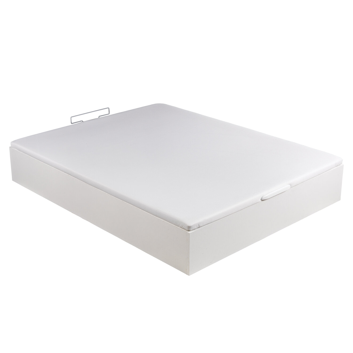Base de cama blanca con asa y soporte metálico.