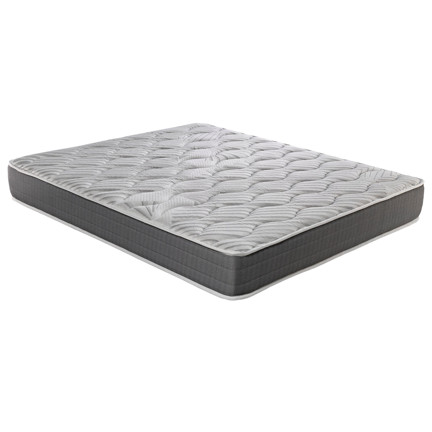 Un colchón gris con borde blanco y parte superior estampada sobre fondo blanco.