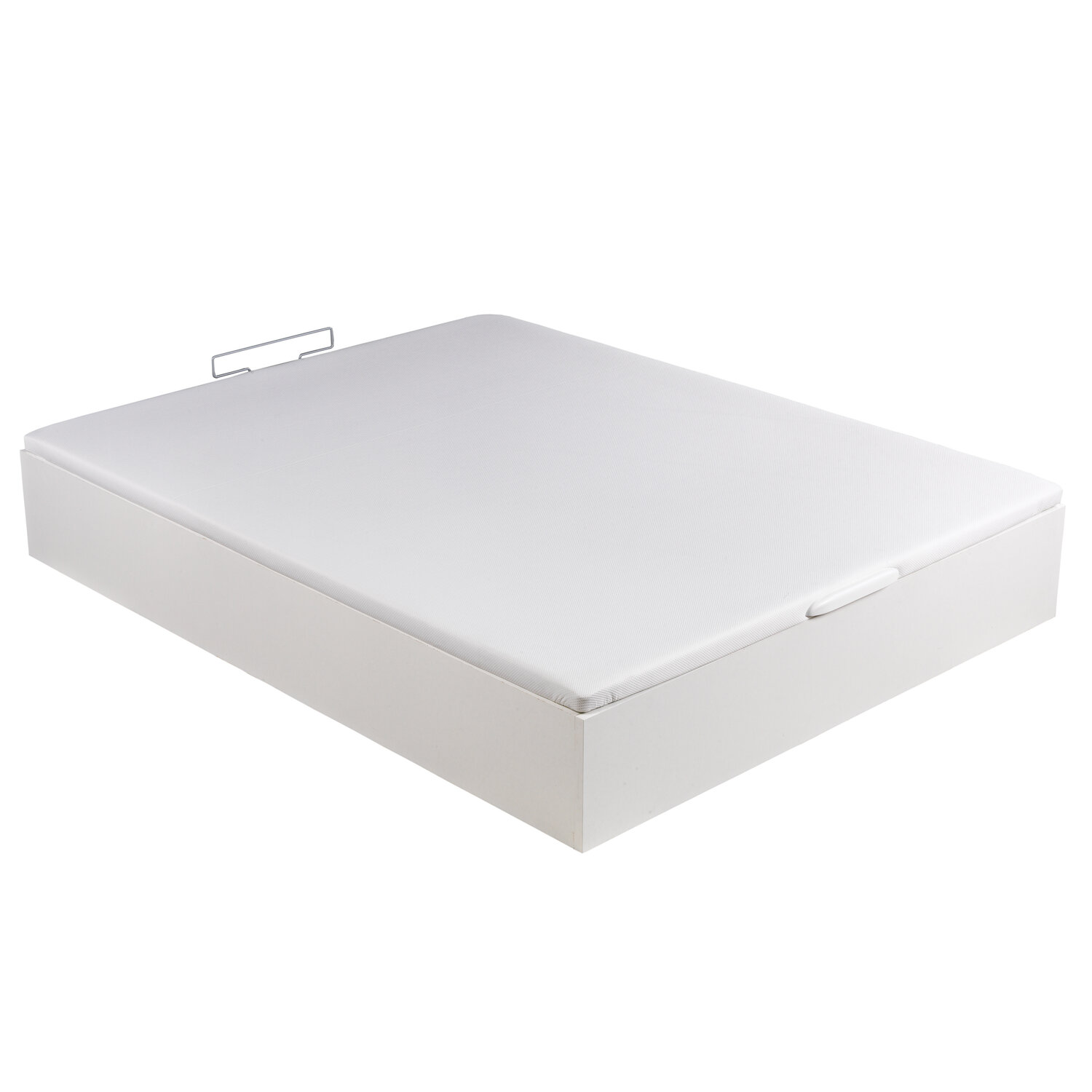 Una base de cama blanca con un asa de metal y colchón blanco.