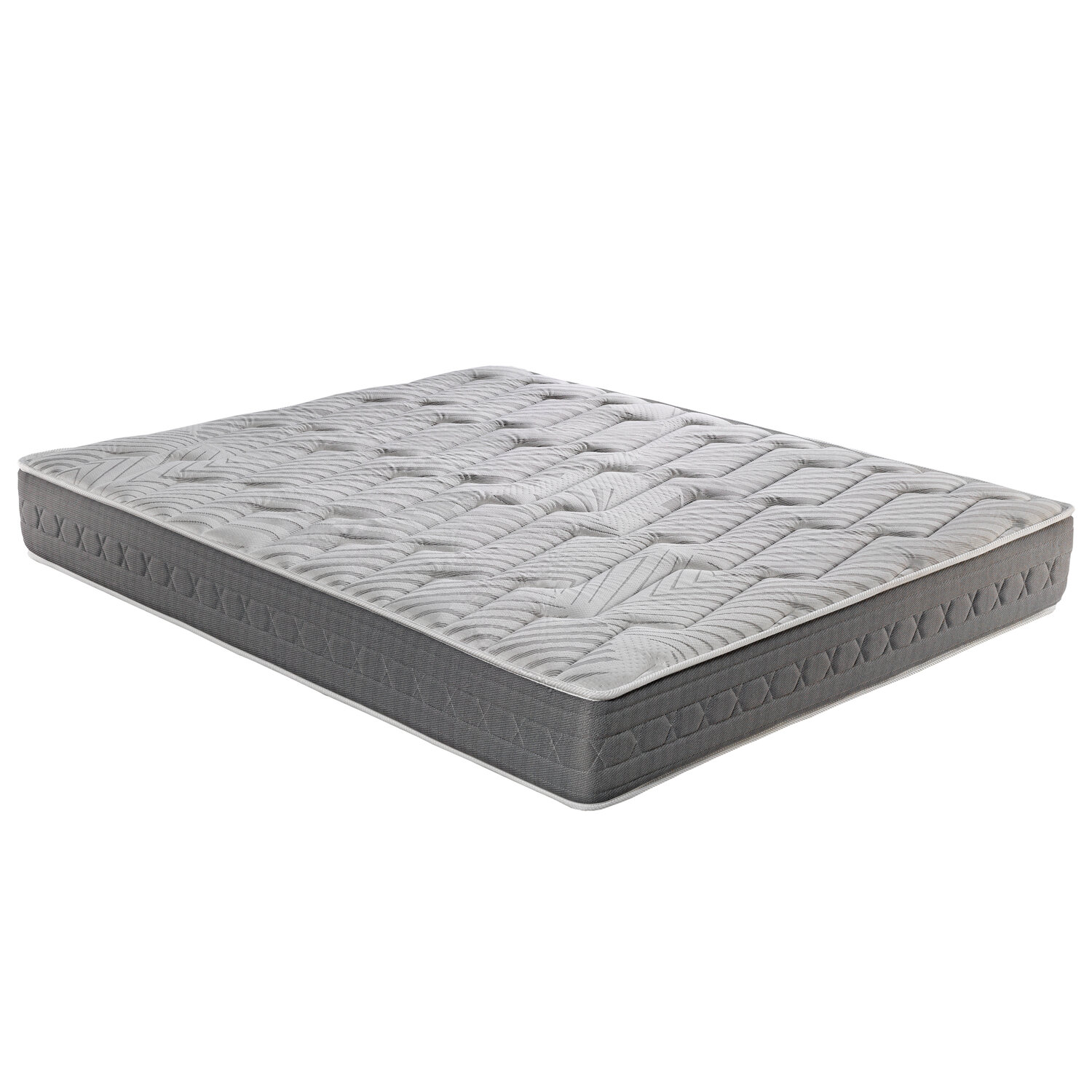 Colchón gris con superficie superior acolchada y patrón de zigzag en los lados.