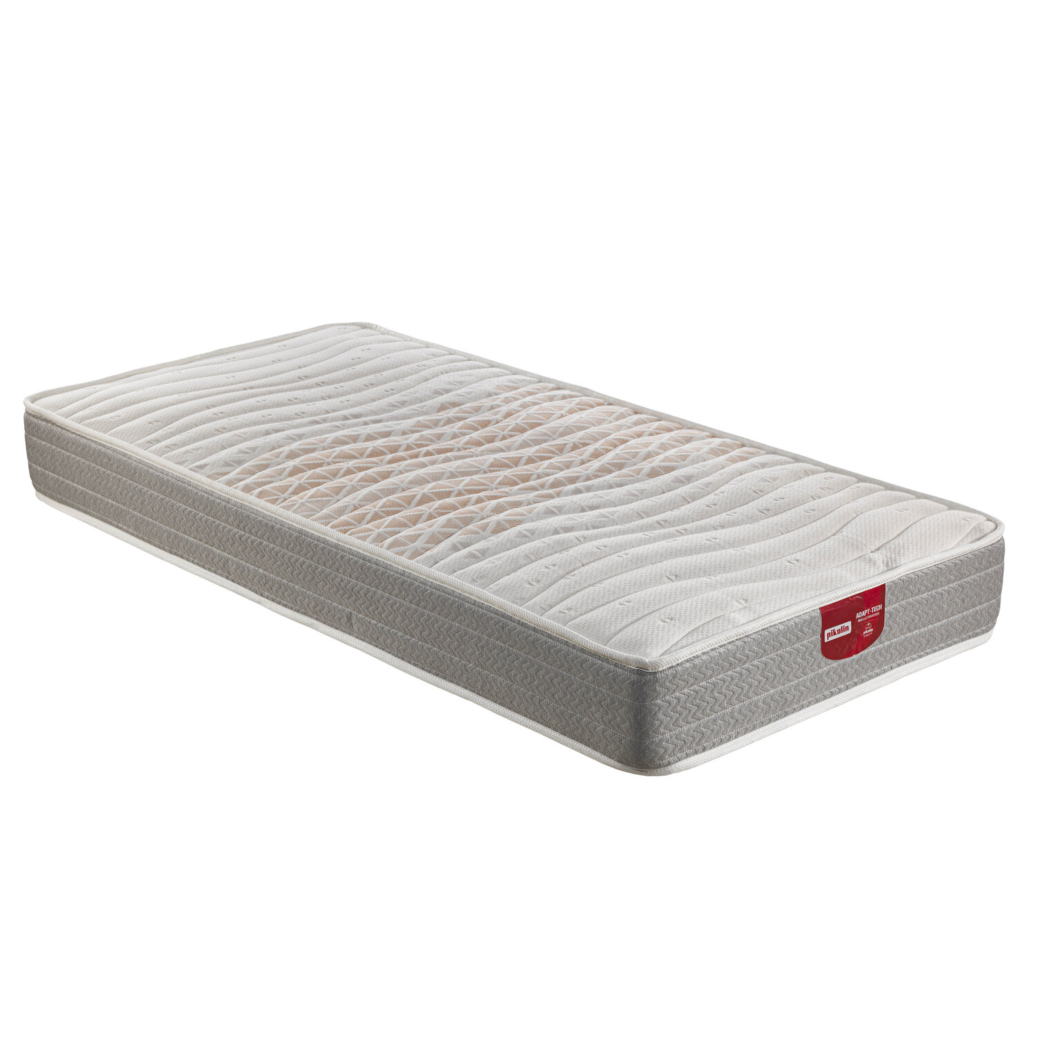 Una funda de colchón blanca con borde gris y etiqueta roja y blanca.