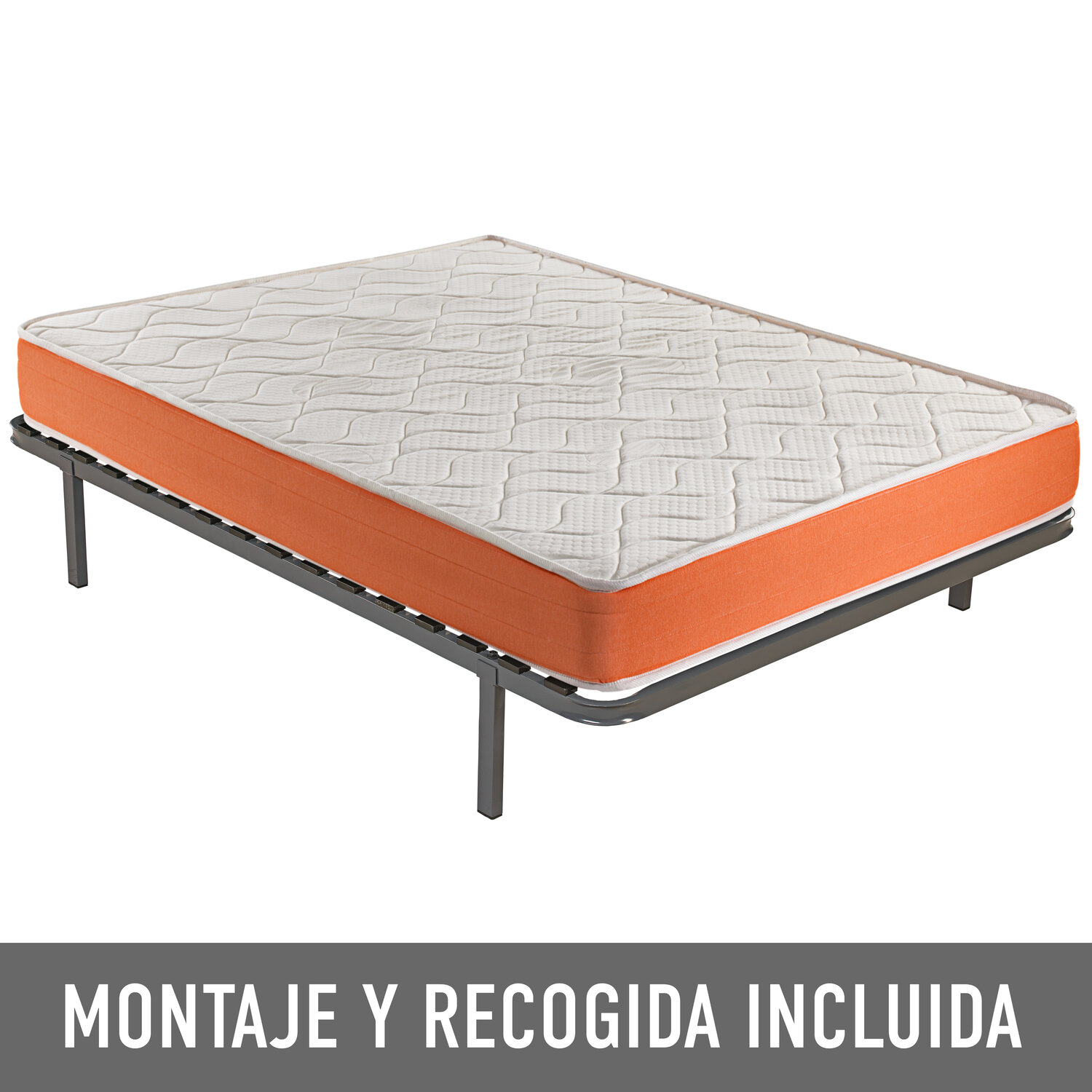 Colchón blanco y naranja sobre base de cama de metal negro. Texto abajo.