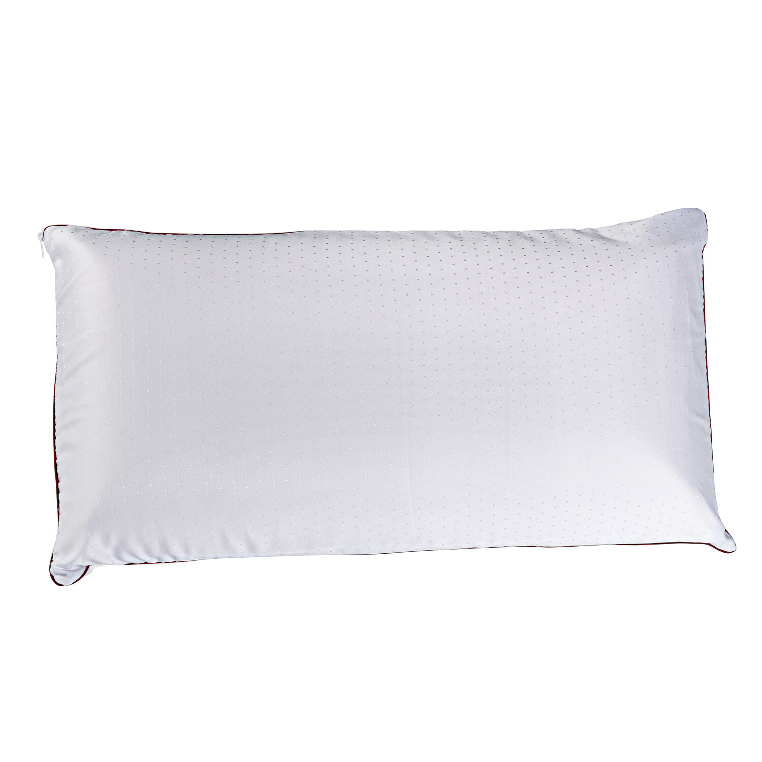 Una almohada blanca con borde rojo y sutil patrón de puntos.