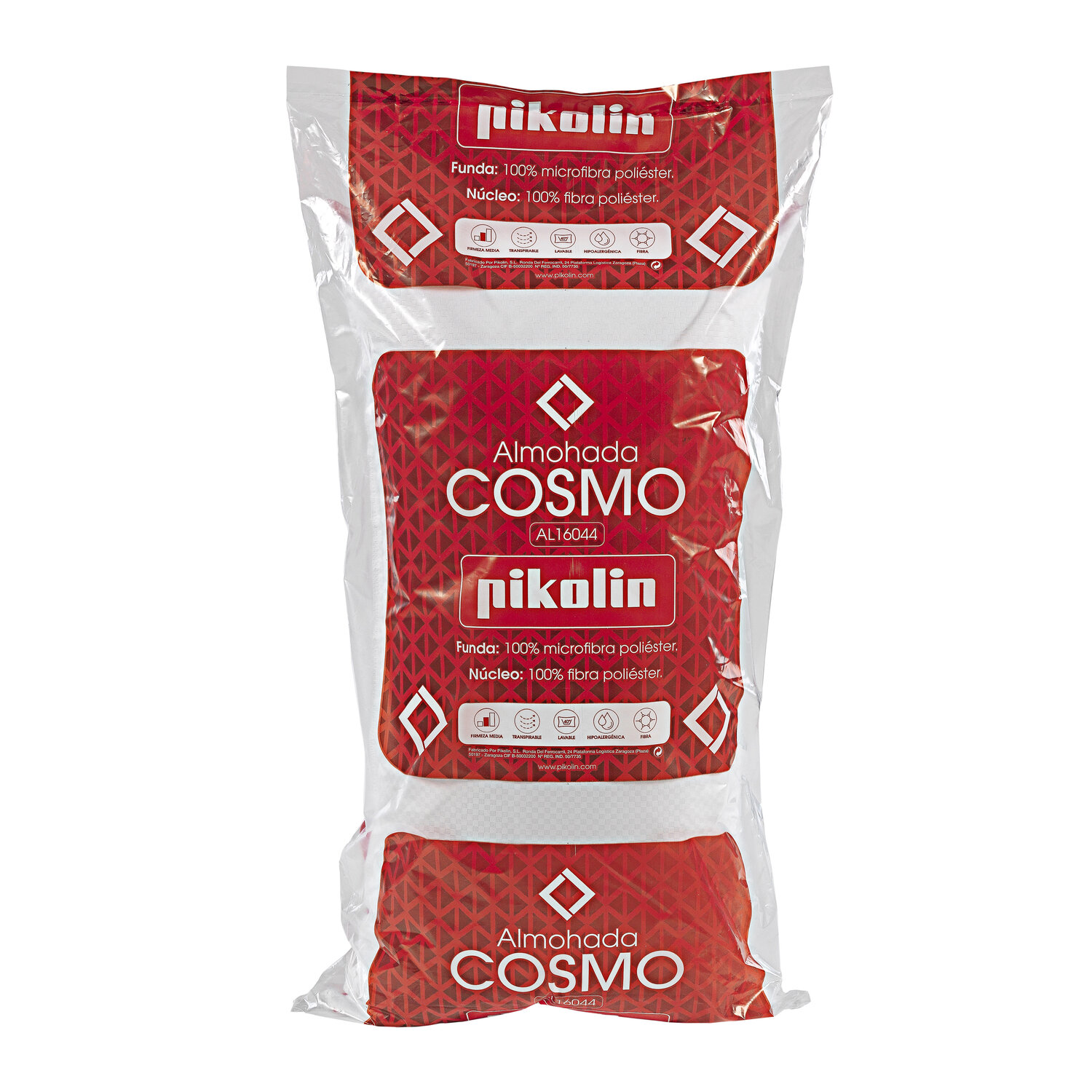 Almohadas empaquetadas con patrón rojo y logo Pikolin. Firmeza media.