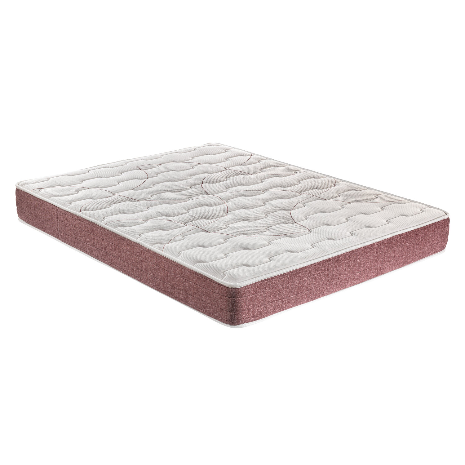 Un colchón blanco con borde rosa, sobre fondo blanco.