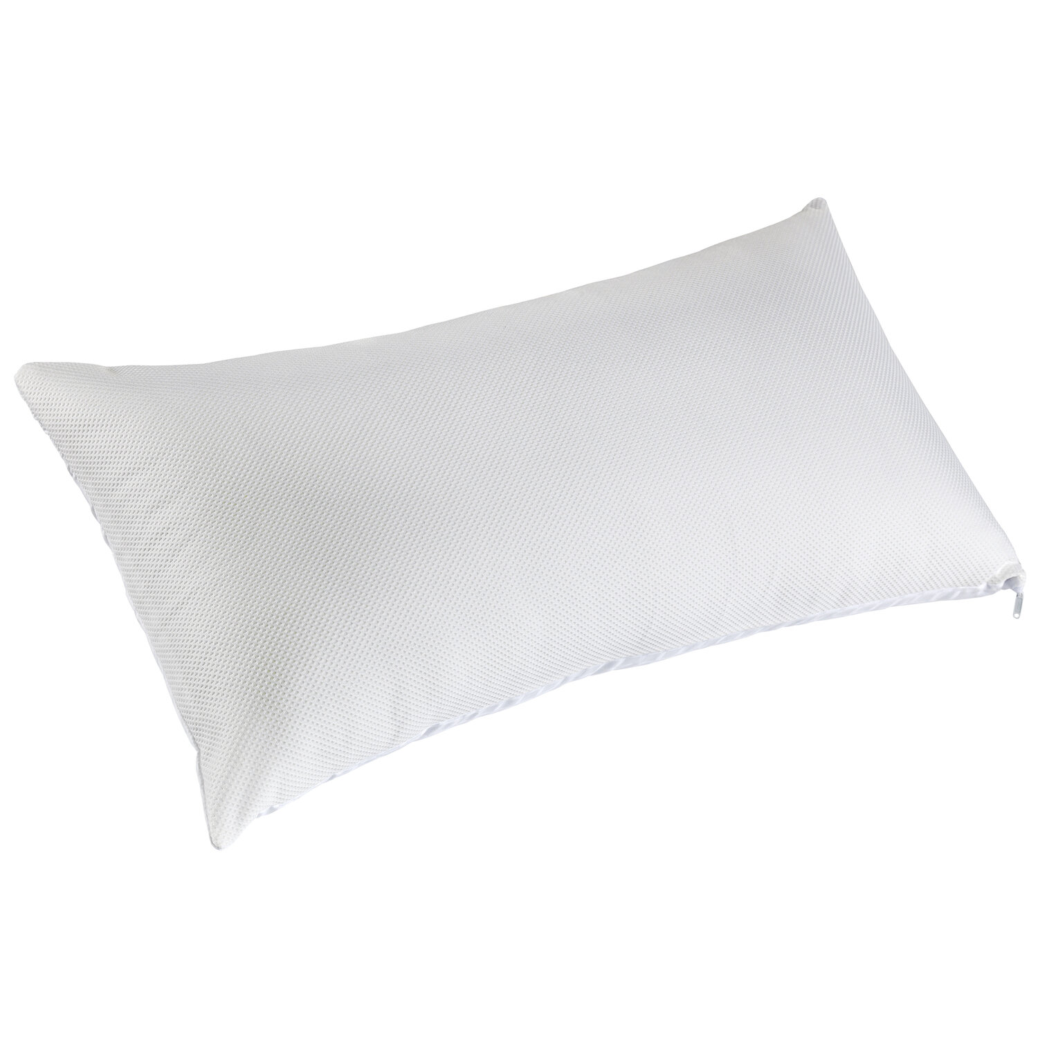 Una almohada blanca y rectangular con funda texturizada y cremallera.