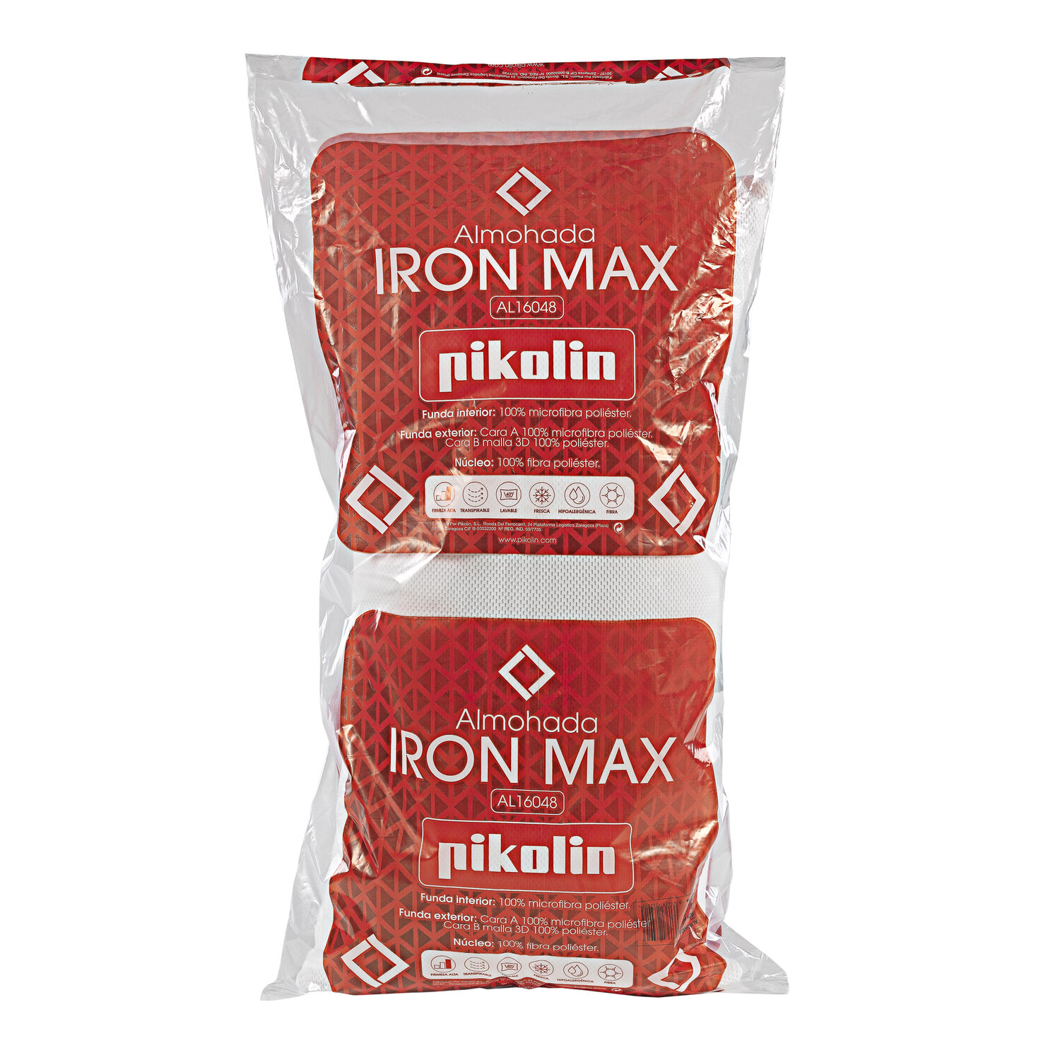 Dos almohadas rojas empaquetadas con texto blanco 'Almohada Iron Max' y 'pikolin'.