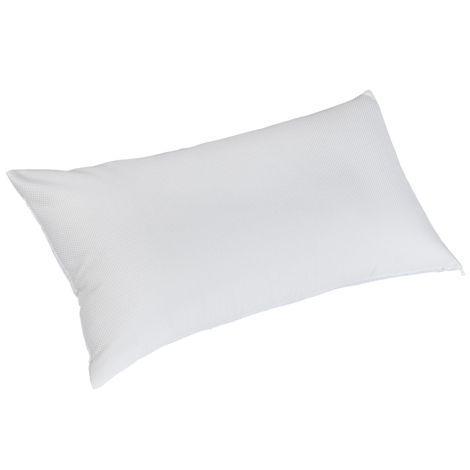 Una almohada blanca con textura sutil, sobre fondo blanco.