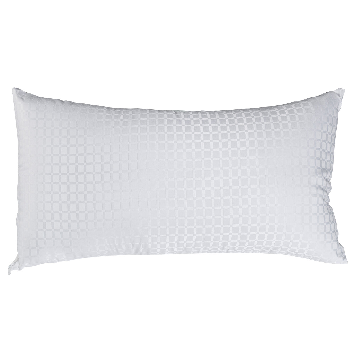 Una almohada blanca con un sutil patrón de cuadros.