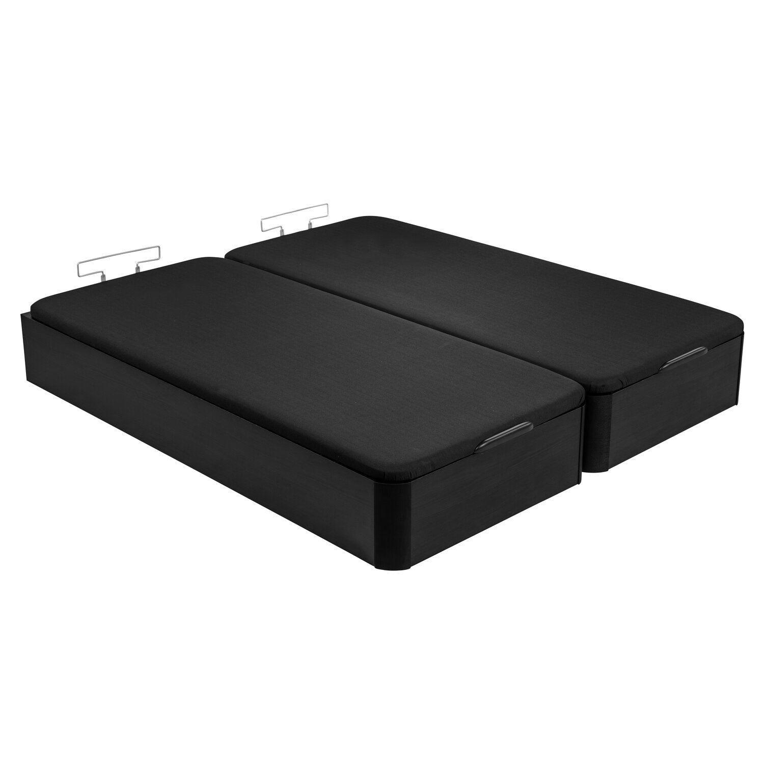 Dos bases de cama negras con tapicería de tela y asas metálicas.