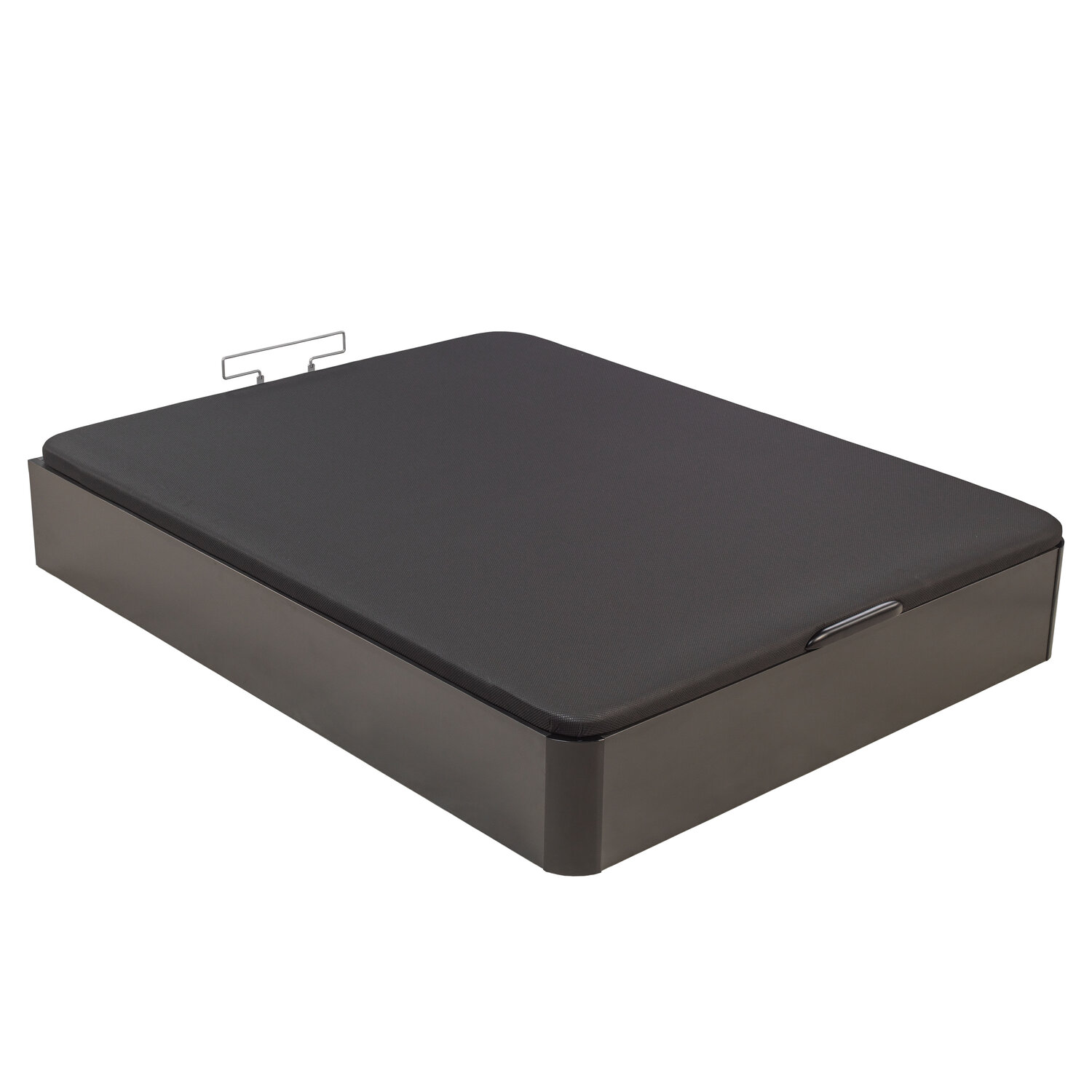 Un canapé de cama oscuro con asa metálica y tapa de tela, aislado en blanco.