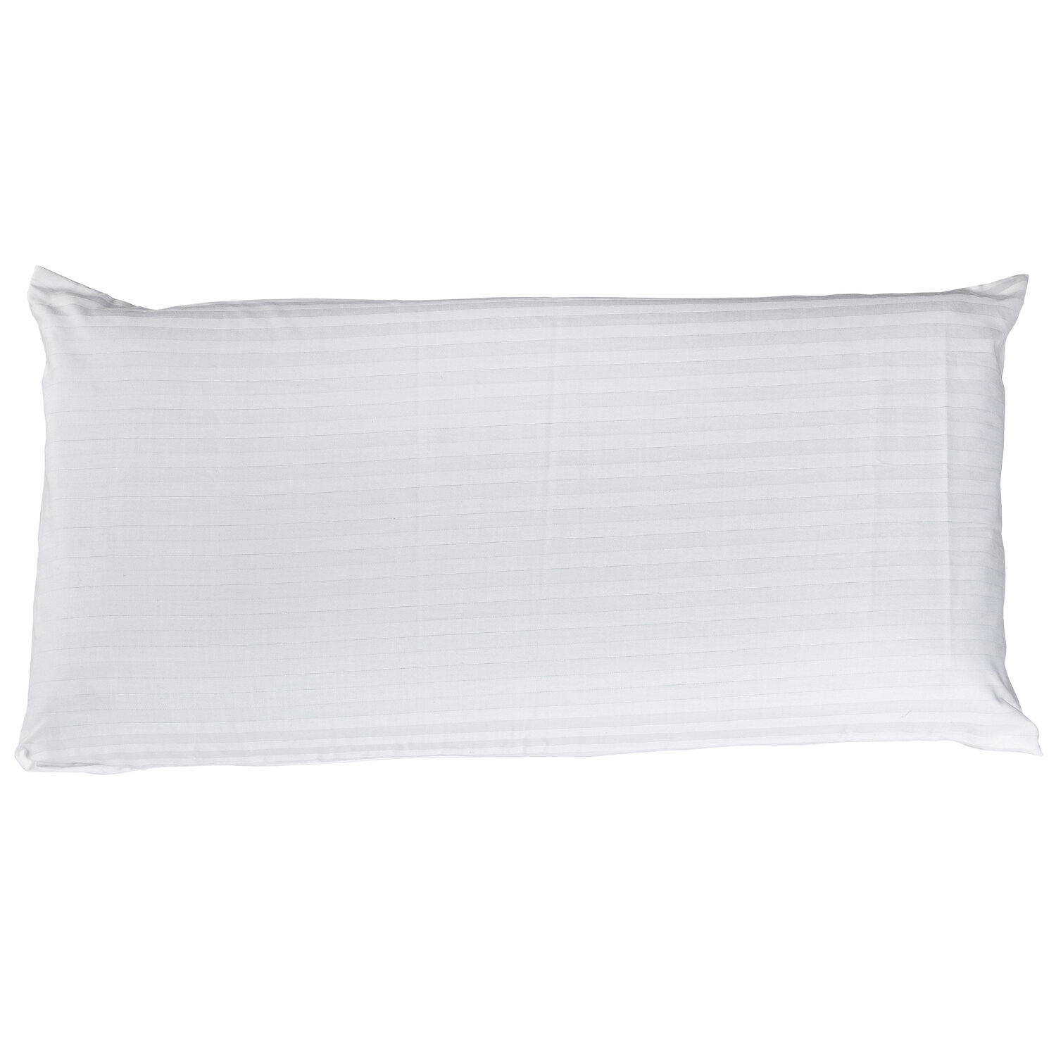 Una almohada blanca a rayas sobre fondo blanco.